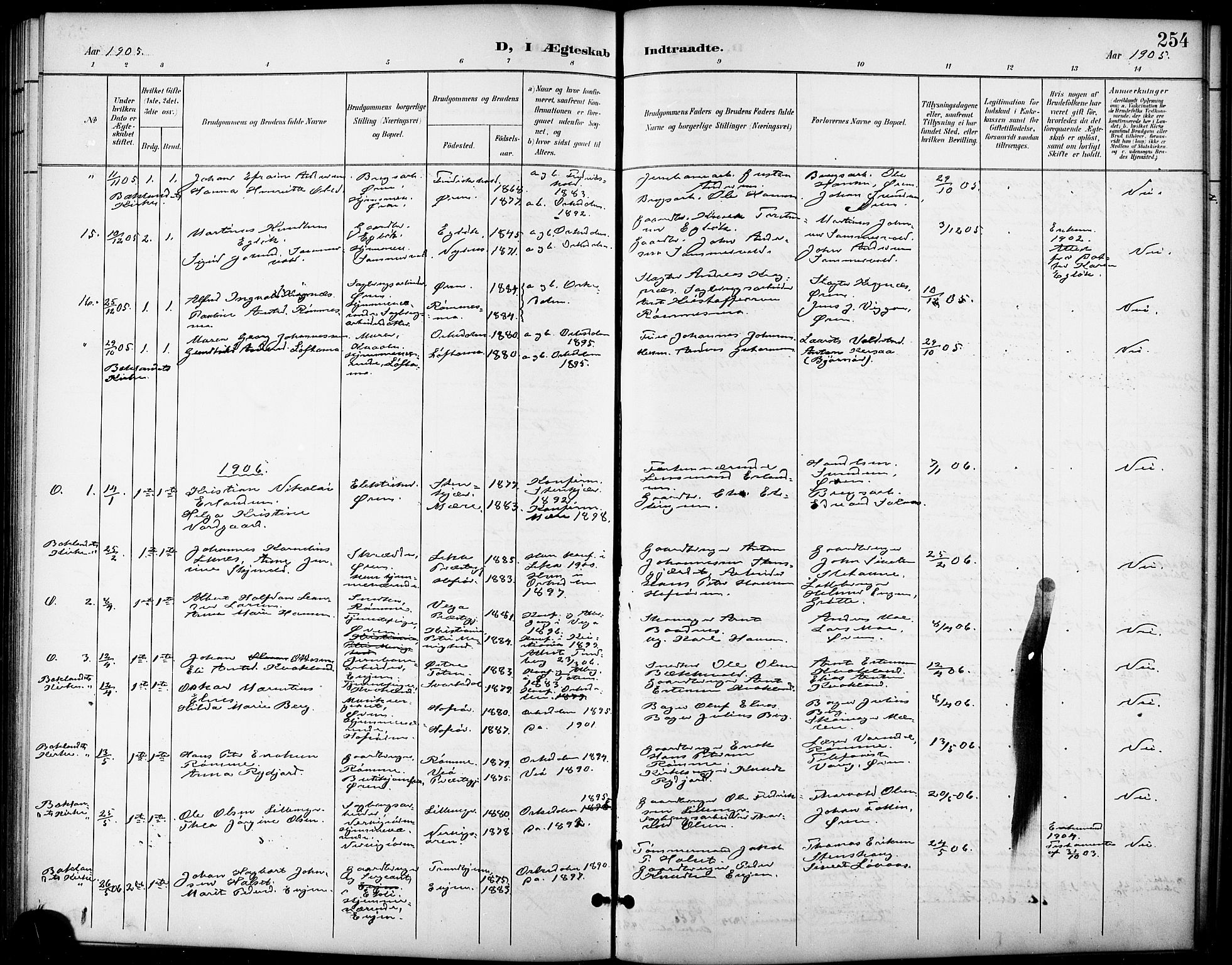 Ministerialprotokoller, klokkerbøker og fødselsregistre - Sør-Trøndelag, SAT/A-1456/668/L0819: Parish register (copy) no. 668C08, 1899-1912, p. 254