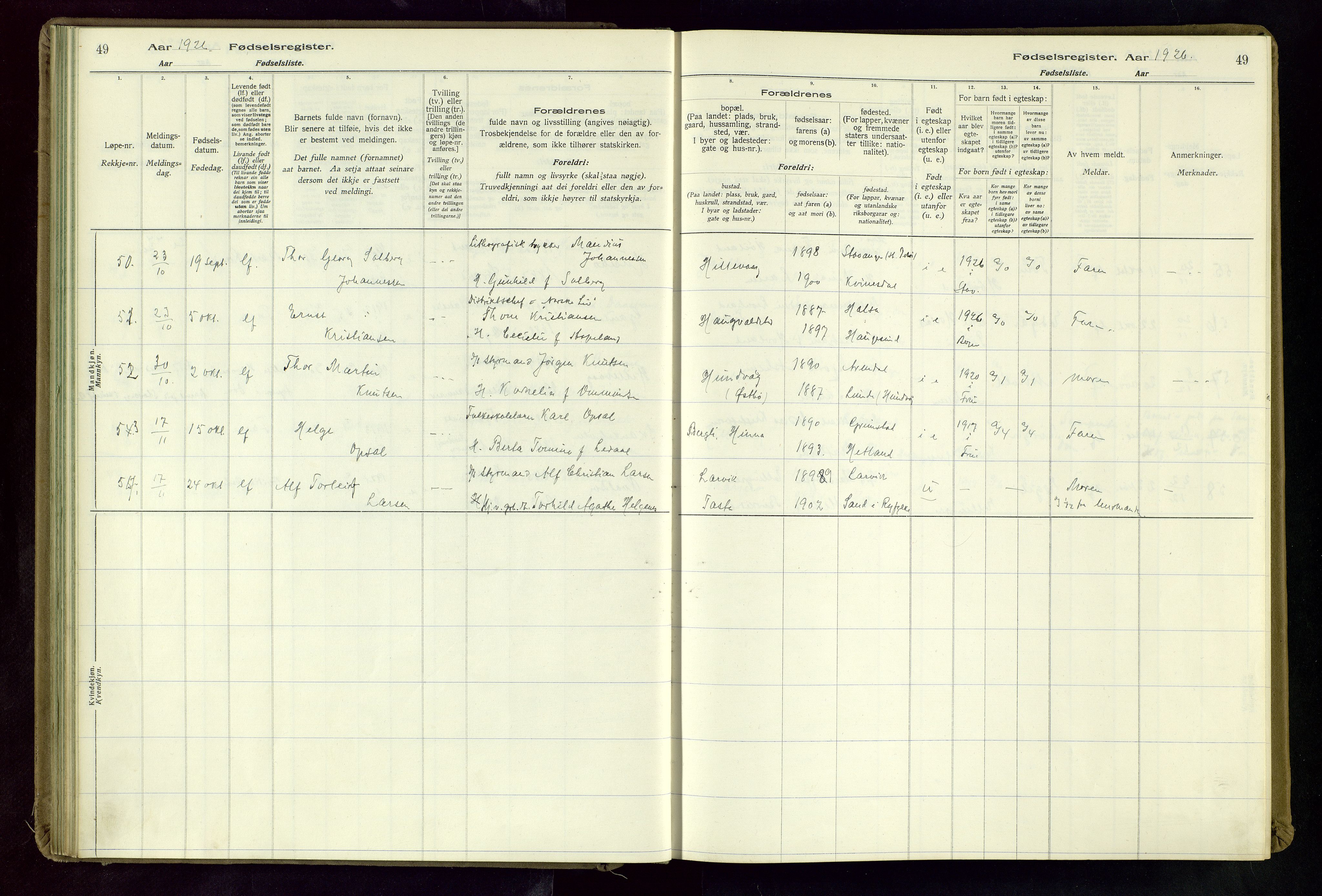 Hetland sokneprestkontor, SAST/A-101826/70/704BA/L0004: Birth register no. 4, 1923-1937, p. 49