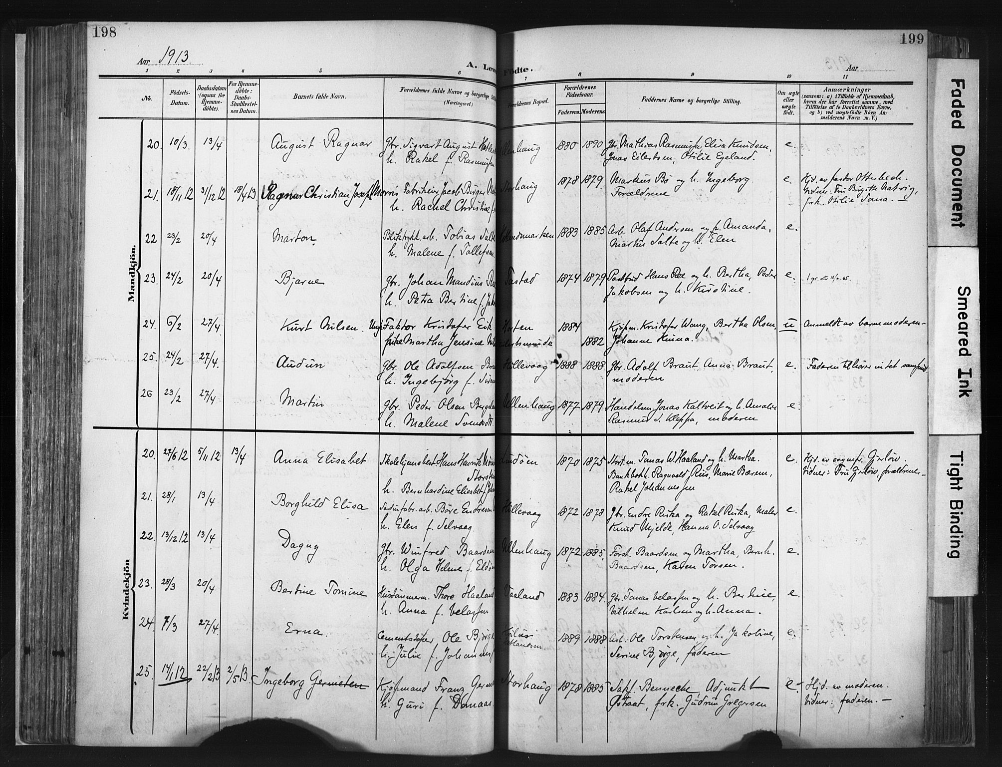 Hetland sokneprestkontor, AV/SAST-A-101826/30/30BA/L0013: Parish register (official) no. A 13, 1904-1918, p. 198-199