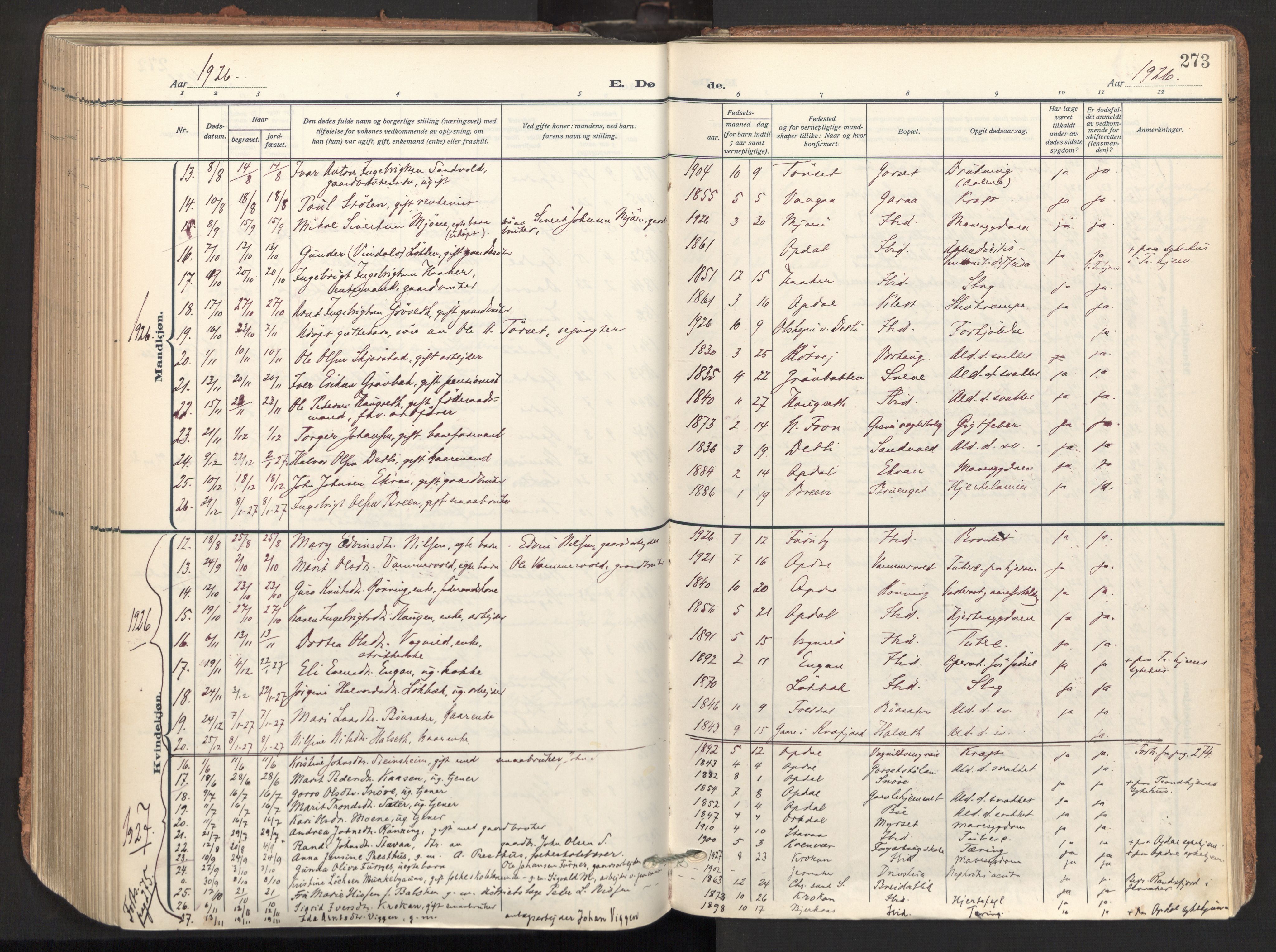 Ministerialprotokoller, klokkerbøker og fødselsregistre - Sør-Trøndelag, AV/SAT-A-1456/678/L0909: Parish register (official) no. 678A17, 1912-1930, p. 273