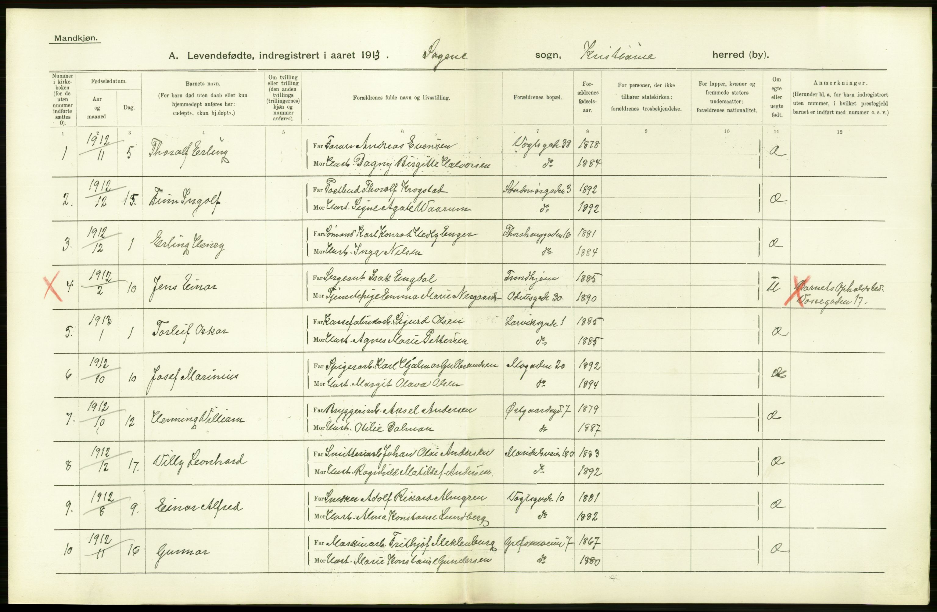 Statistisk sentralbyrå, Sosiodemografiske emner, Befolkning, AV/RA-S-2228/D/Df/Dfb/Dfbc/L0006: Kristiania: Levendefødte menn og kvinner., 1913, p. 64