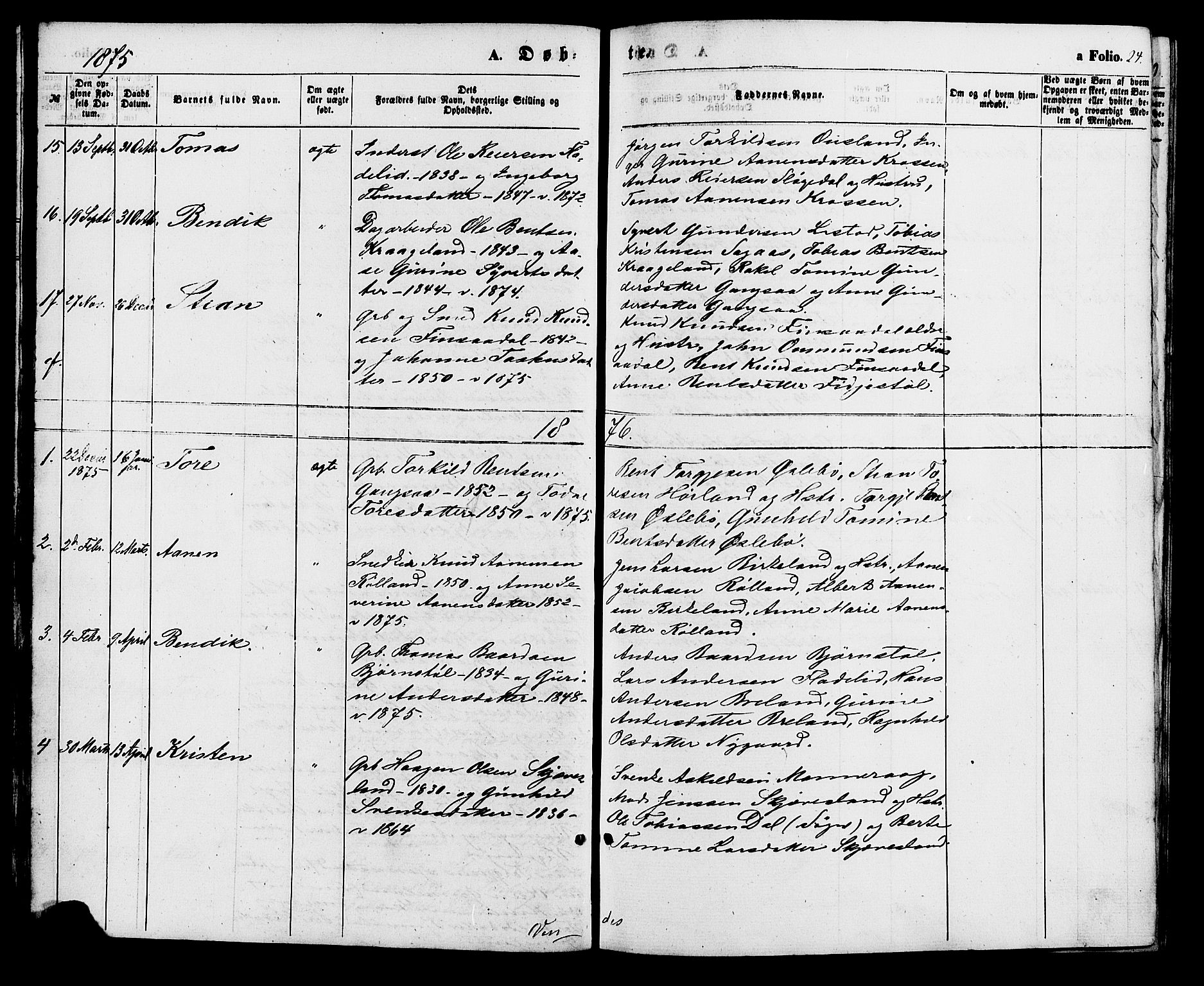 Holum sokneprestkontor, AV/SAK-1111-0022/F/Fa/Fac/L0003: Parish register (official) no. A 3, 1860-1883, p. 24