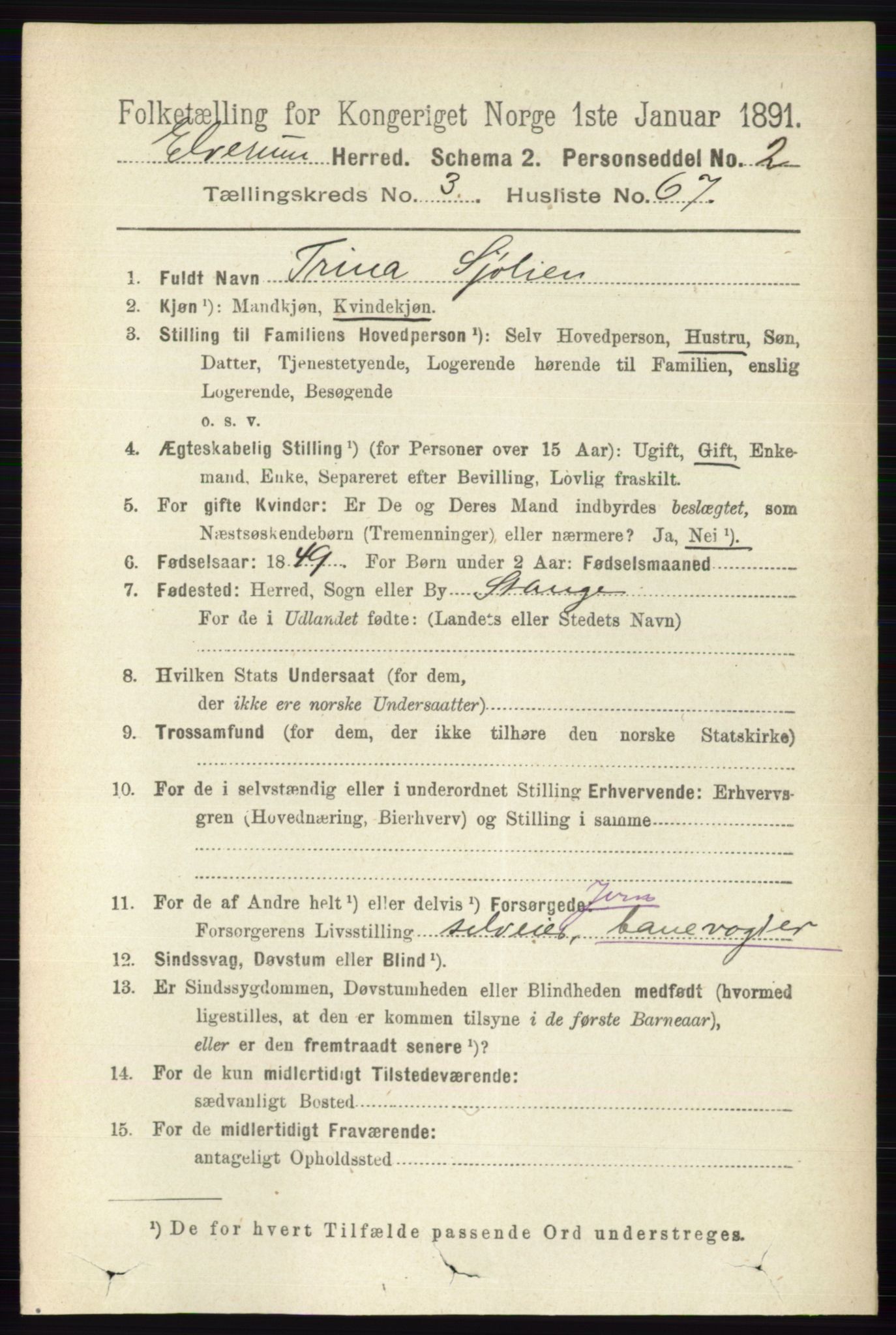 RA, 1891 census for 0427 Elverum, 1891, p. 2272