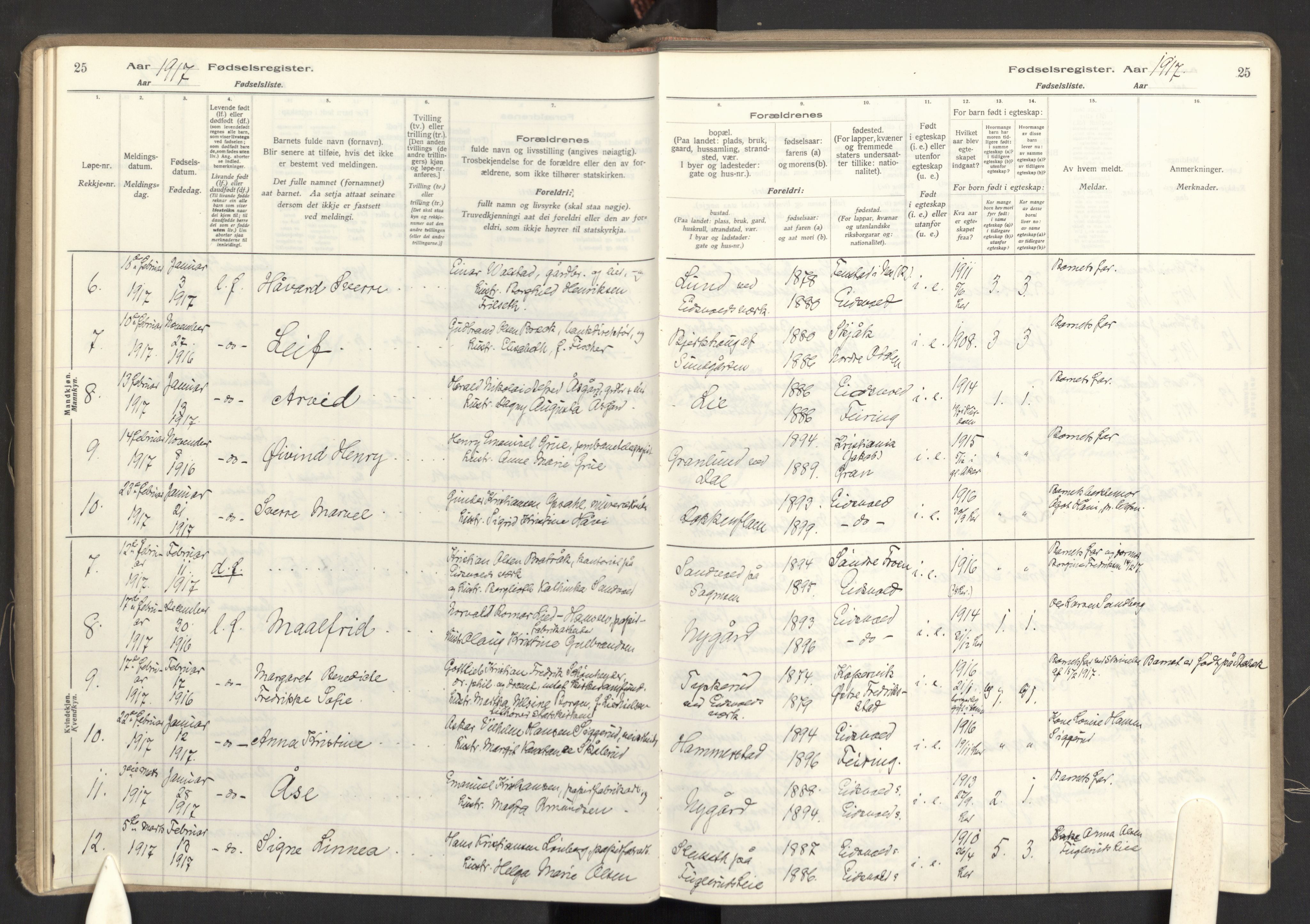 Eidsvoll prestekontor Kirkebøker, SAO/A-10888: Birth register no. I 1, 1916-1924, p. 25