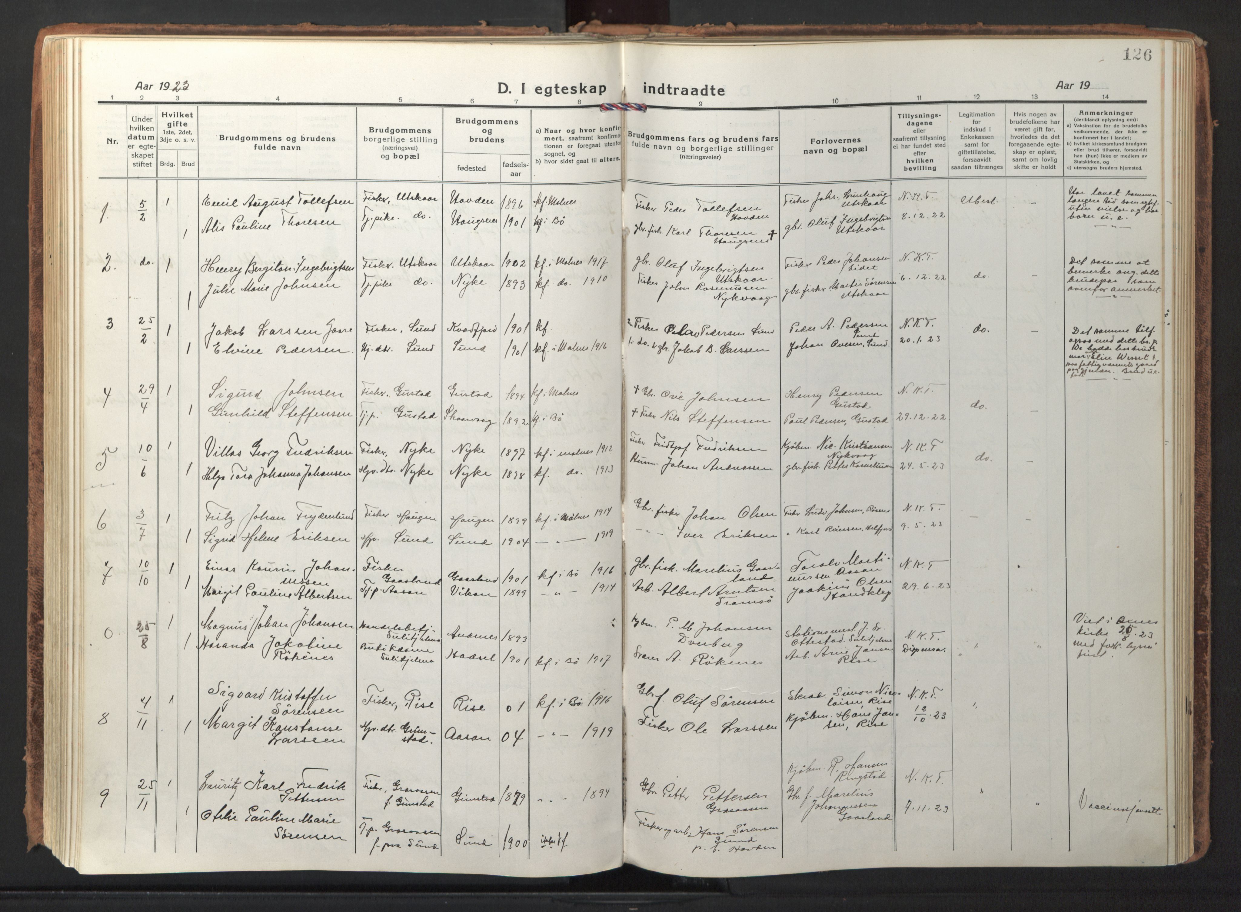 Ministerialprotokoller, klokkerbøker og fødselsregistre - Nordland, AV/SAT-A-1459/892/L1323: Parish register (official) no. 892A04, 1917-1934, p. 126