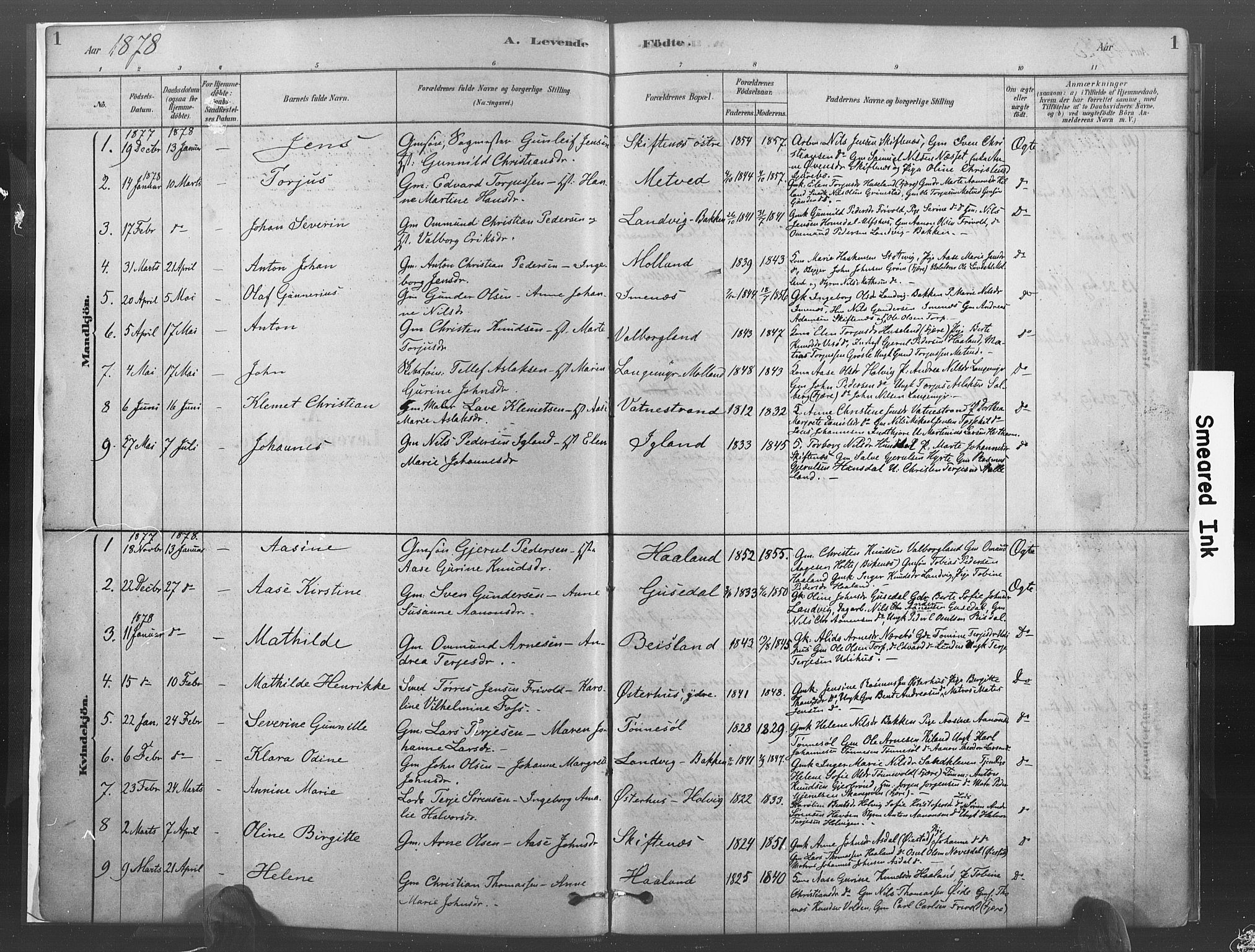 Hommedal sokneprestkontor, SAK/1111-0023/F/Fa/Fab/L0006: Parish register (official) no. A 6, 1878-1897, p. 1
