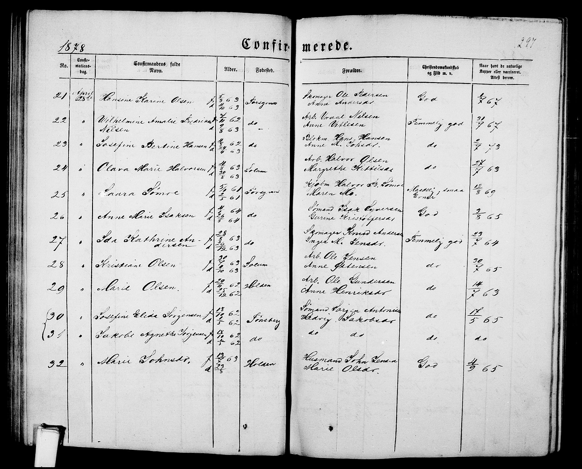 Porsgrunn kirkebøker , SAKO/A-104/G/Gb/L0004: Parish register (copy) no. II 4, 1853-1882, p. 297