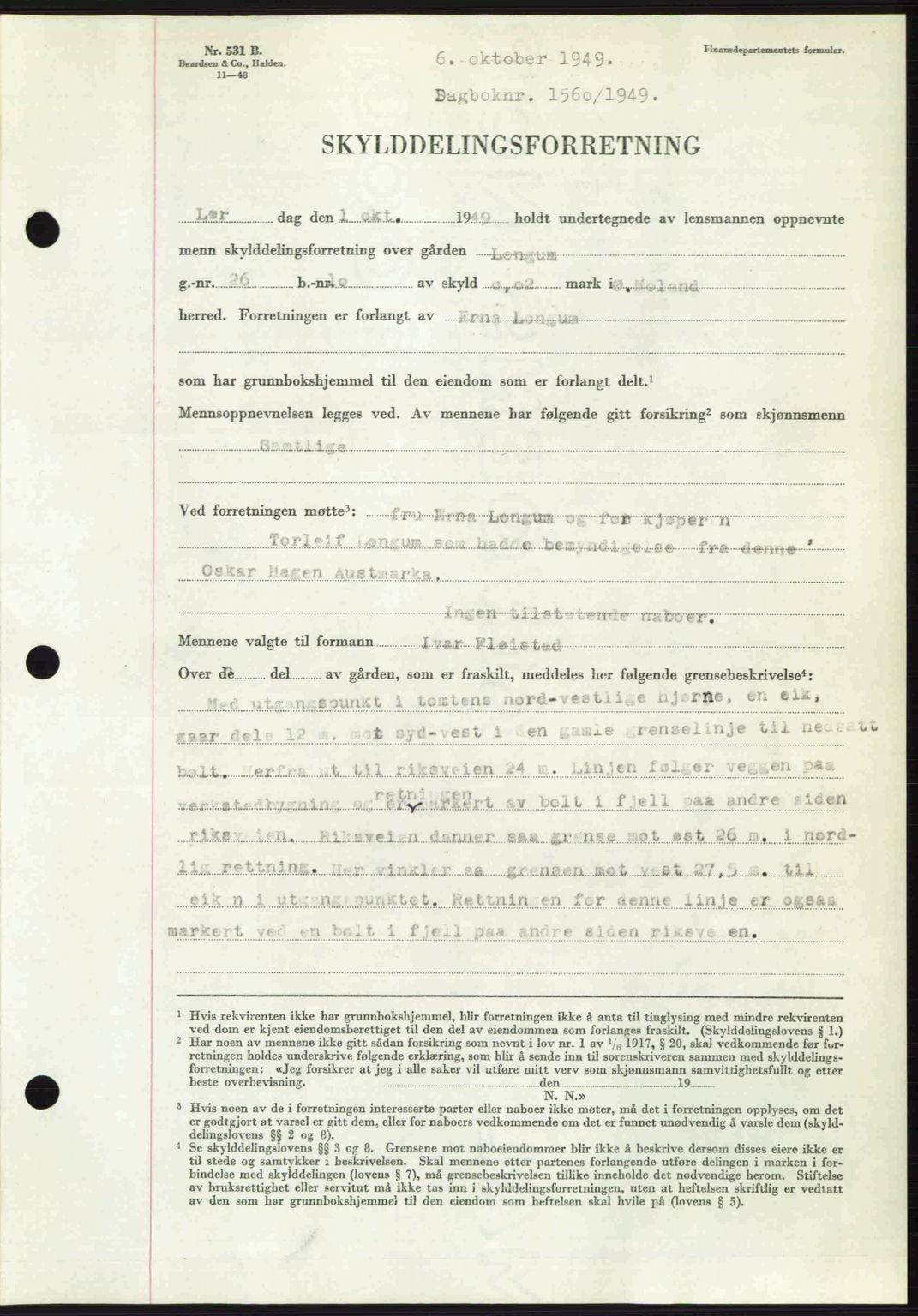 Nedenes sorenskriveri, SAK/1221-0006/G/Gb/Gba/L0061: Mortgage book no. A13, 1949-1949, Diary no: : 1560/1949