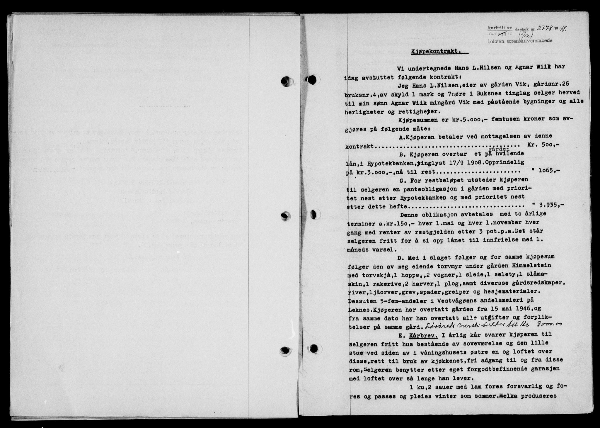 Lofoten sorenskriveri, SAT/A-0017/1/2/2C/L0020a: Mortgage book no. 20a, 1948-1949, Diary no: : 2778/1948