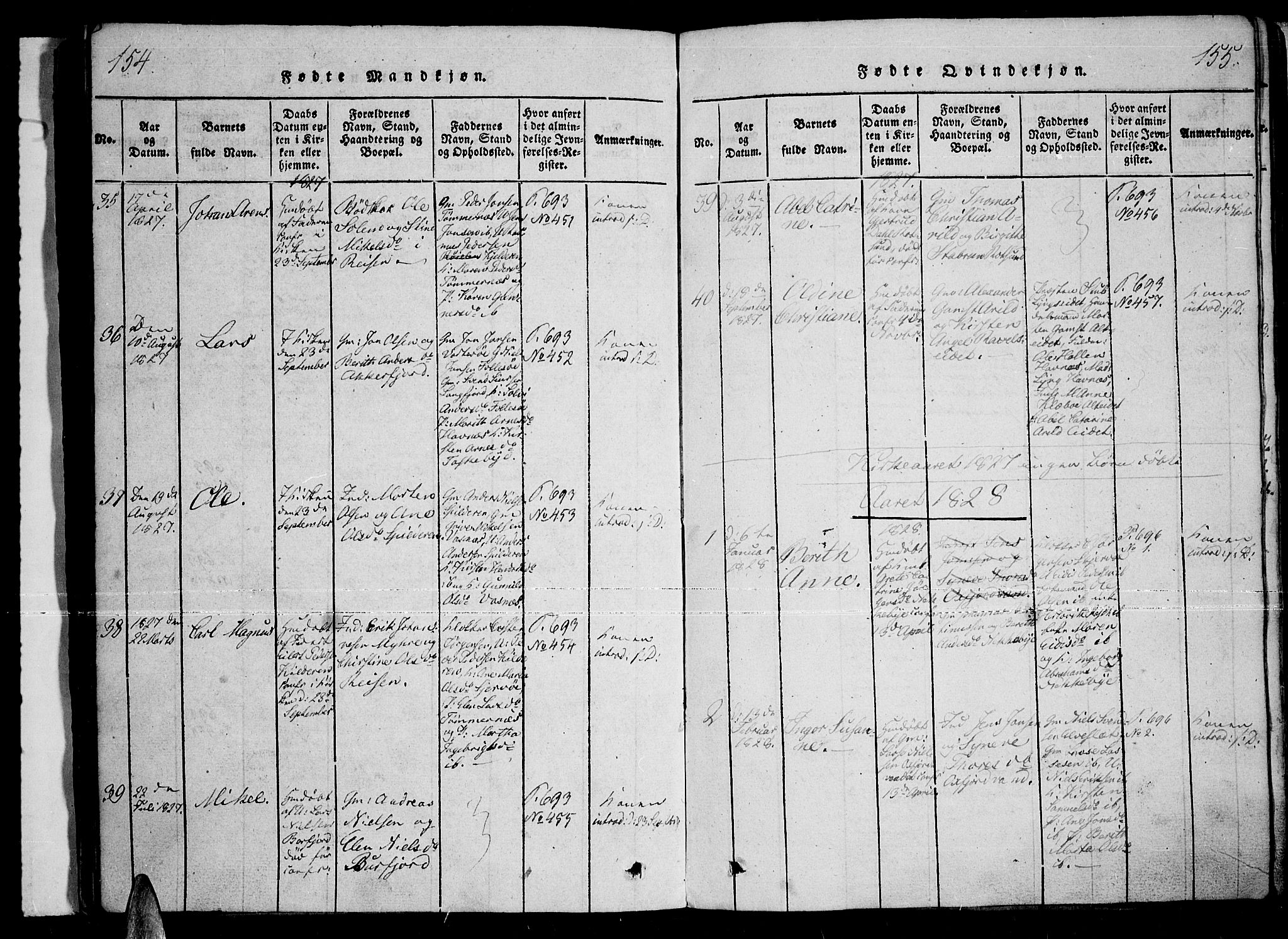 Skjervøy sokneprestkontor, AV/SATØ-S-1300/H/Ha/Haa/L0004kirke: Parish register (official) no. 4, 1820-1838, p. 154-155