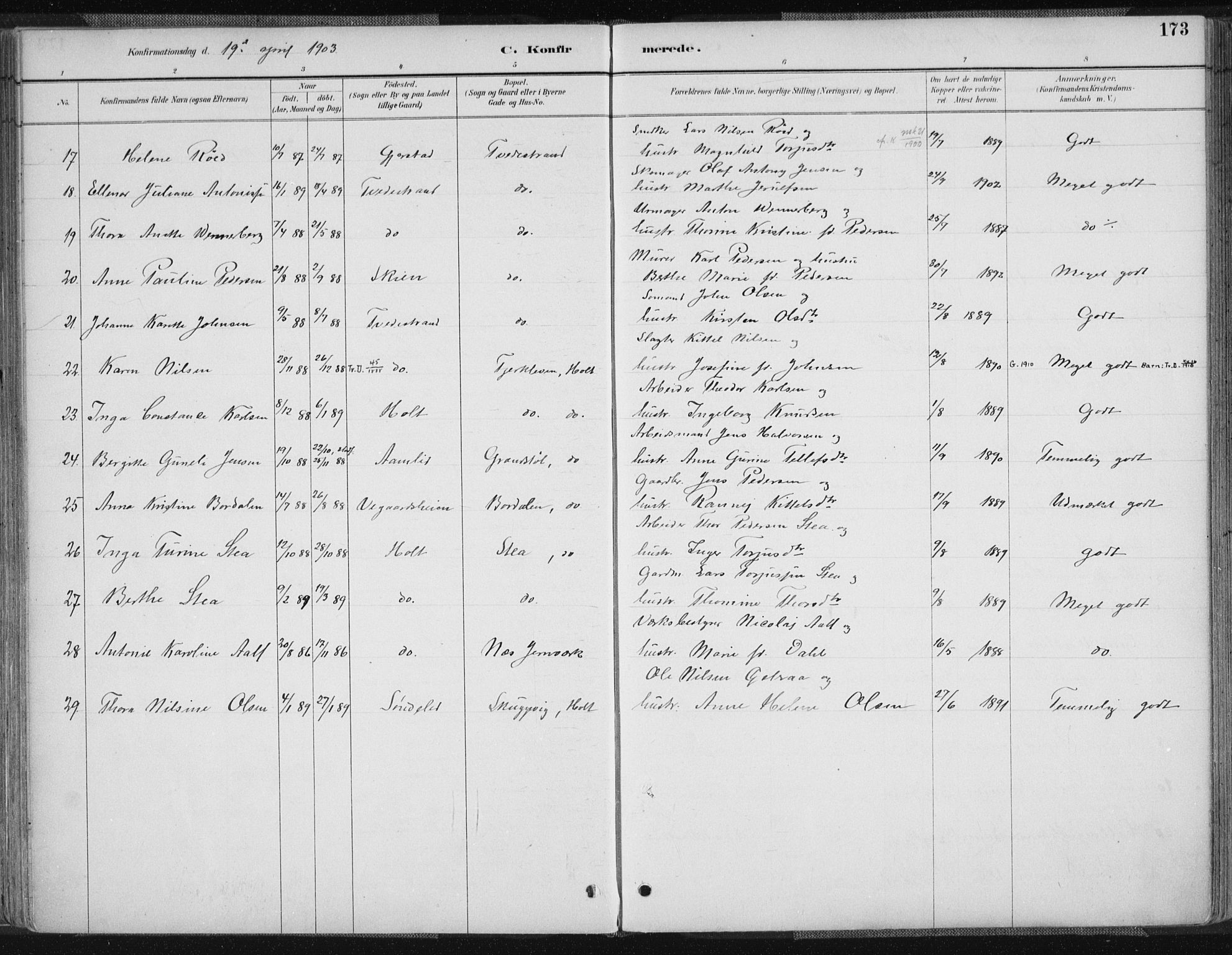 Tvedestrand sokneprestkontor, AV/SAK-1111-0042/F/Fa/L0001: Parish register (official) no. A 1, 1885-1916, p. 173