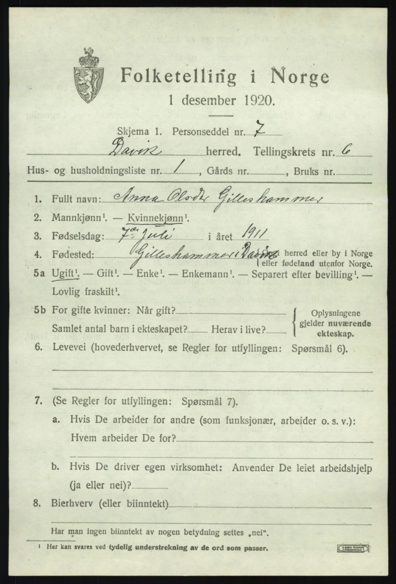 SAB, 1920 census for Davik, 1920, p. 3343