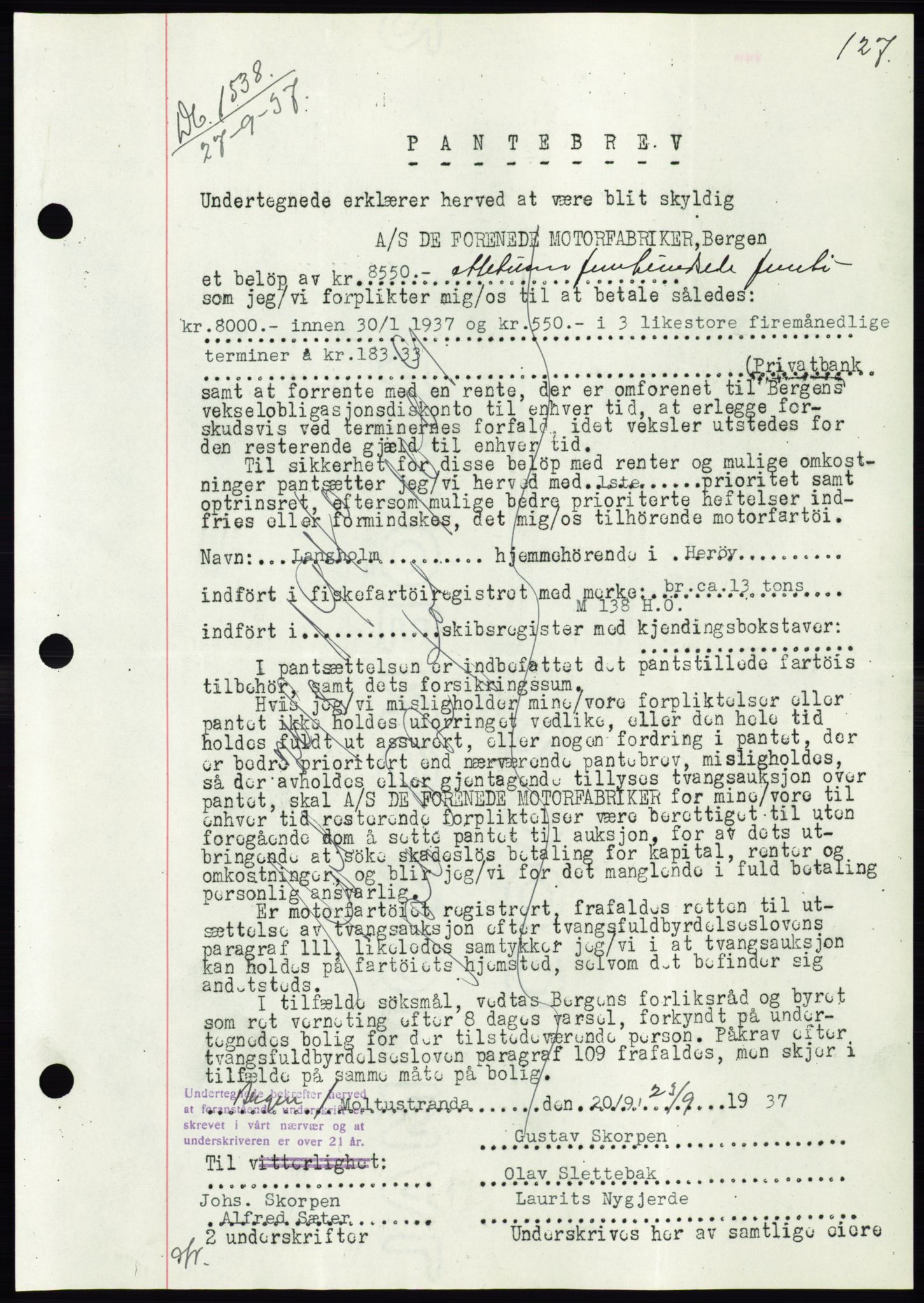 Søre Sunnmøre sorenskriveri, AV/SAT-A-4122/1/2/2C/L0064: Mortgage book no. 58, 1937-1938, Diary no: : 1538/1937