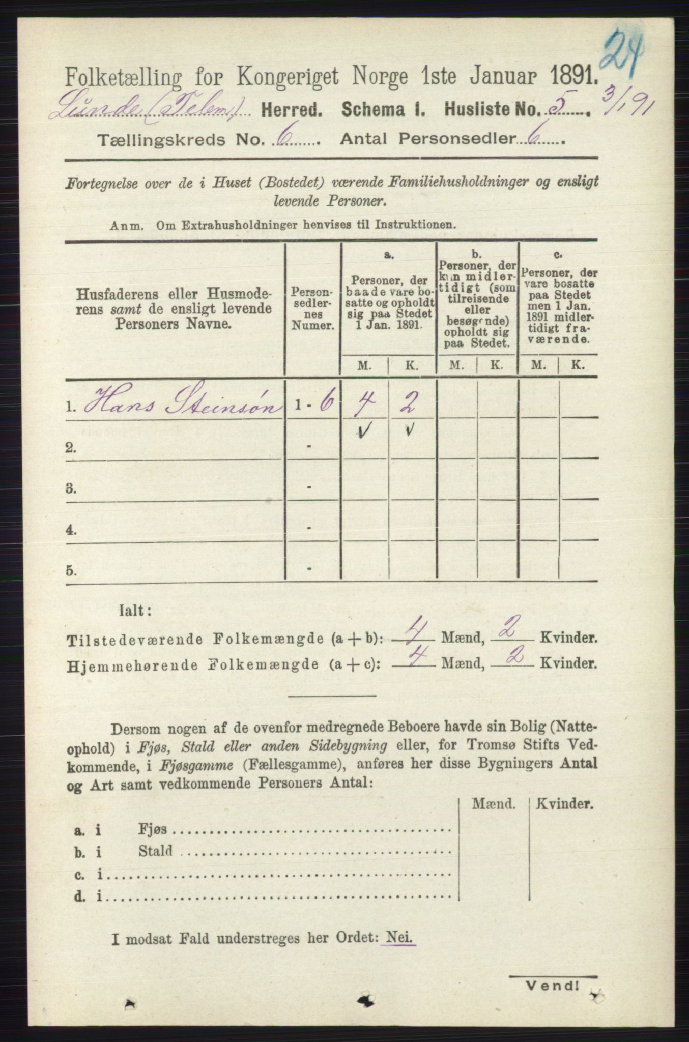 RA, 1891 census for 0820 Lunde, 1891, p. 2008