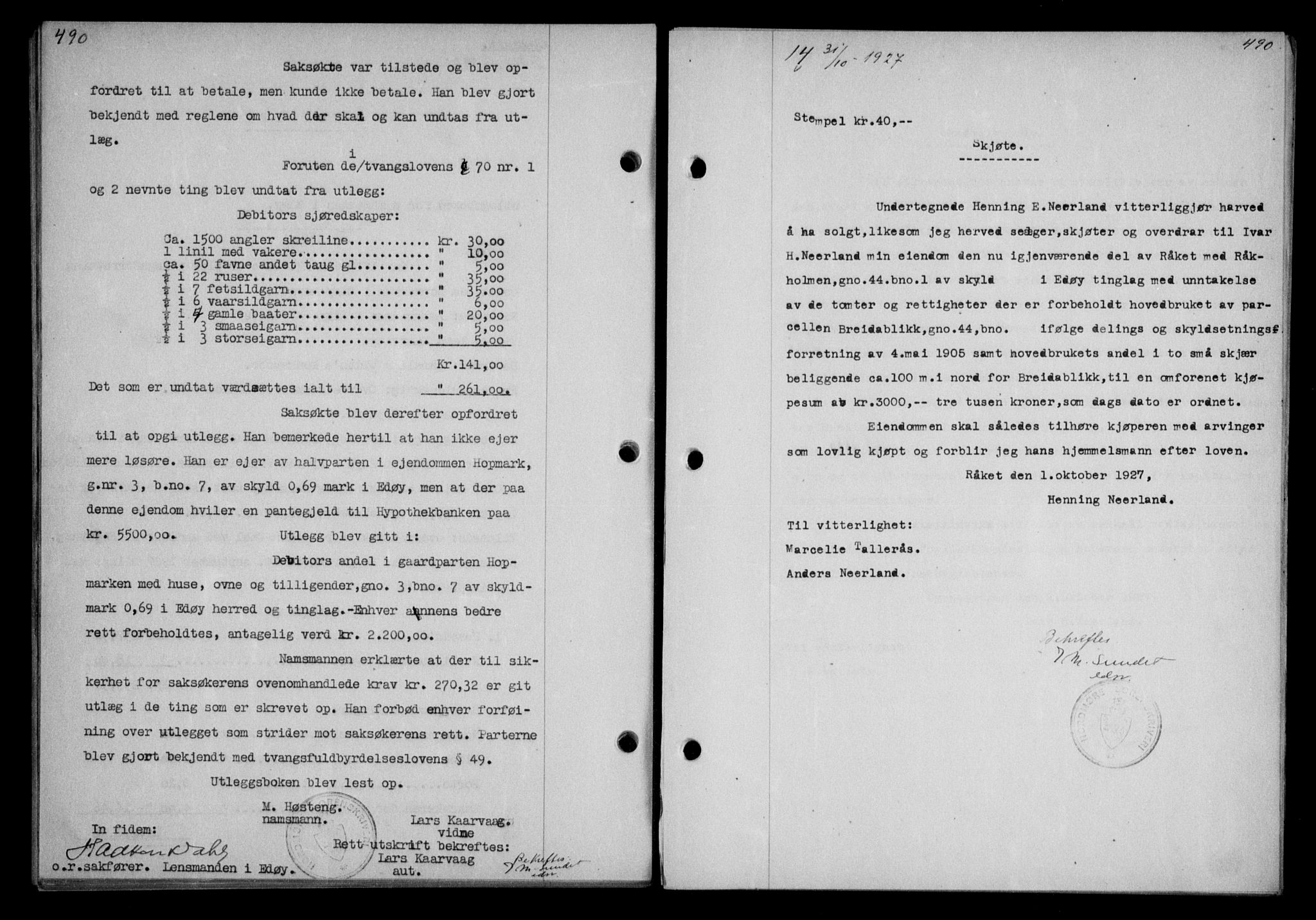 Nordmøre sorenskriveri, AV/SAT-A-4132/1/2/2Ca/L0062: Mortgage book no. 52, 1927-1927, Deed date: 31.10.1927