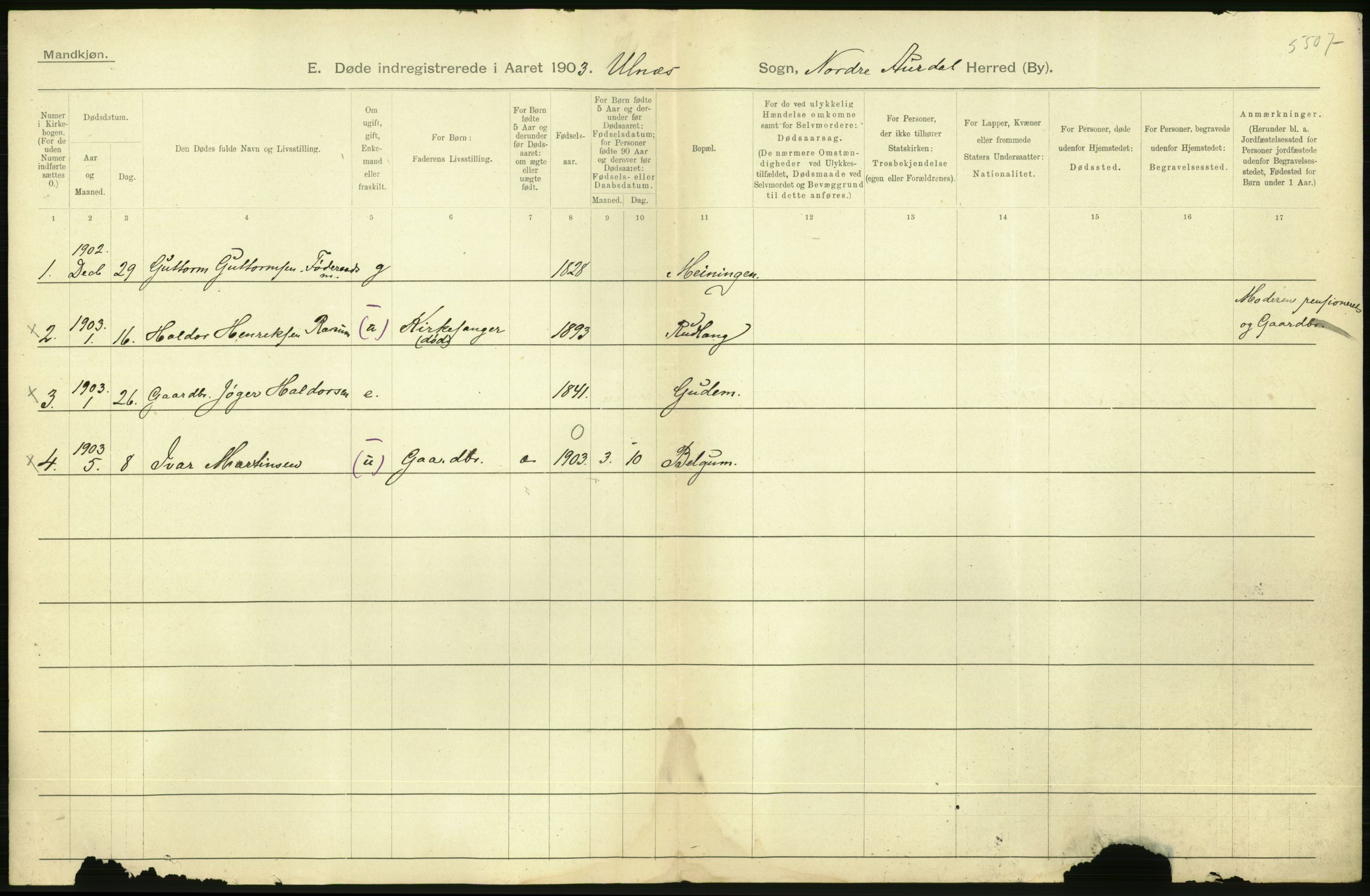 Statistisk sentralbyrå, Sosiodemografiske emner, Befolkning, AV/RA-S-2228/D/Df/Dfa/Dfaa/L0006: Kristians amt: Fødte, gifte, døde, 1903, p. 624