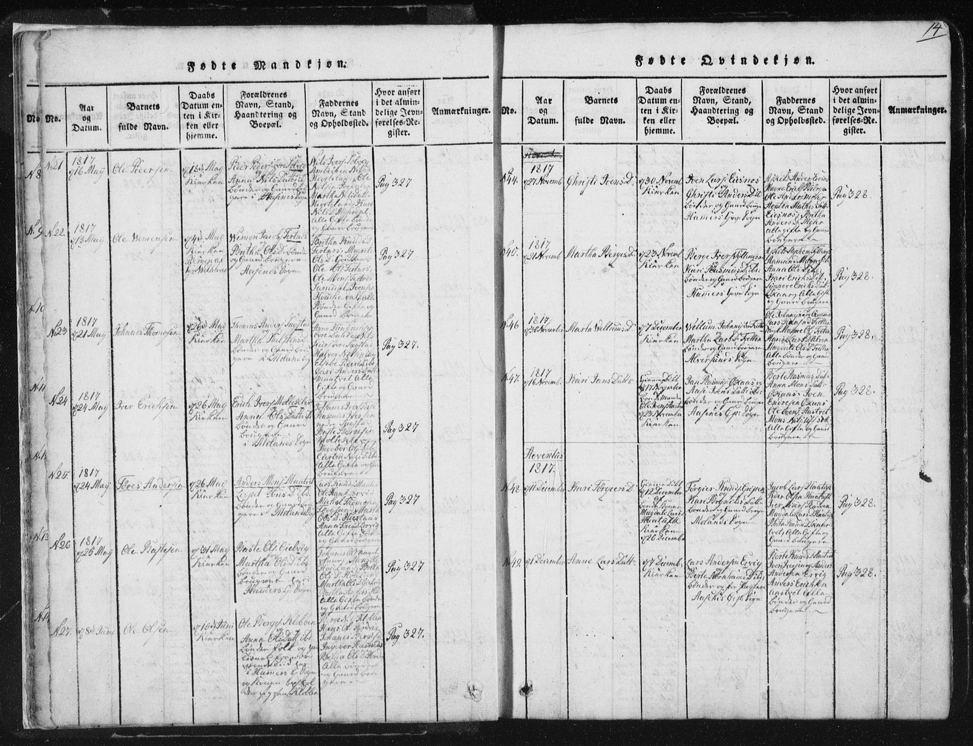 Hamre sokneprestembete, AV/SAB-A-75501/H/Ha/Haa/Haaa/L0010: Parish register (official) no. A 10, 1816-1826, p. 14