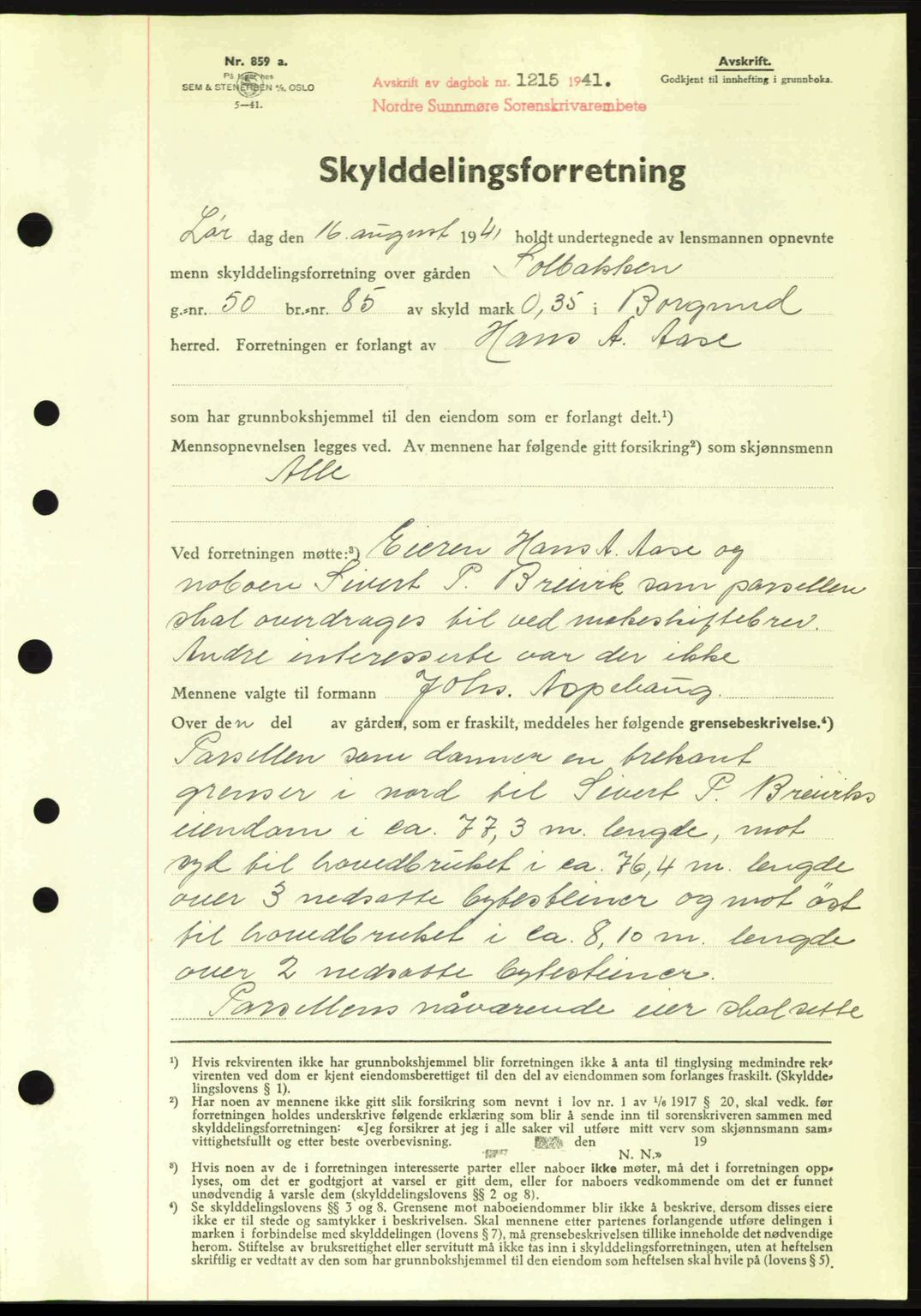 Nordre Sunnmøre sorenskriveri, AV/SAT-A-0006/1/2/2C/2Ca: Mortgage book no. A11, 1941-1941, Diary no: : 1215/1941