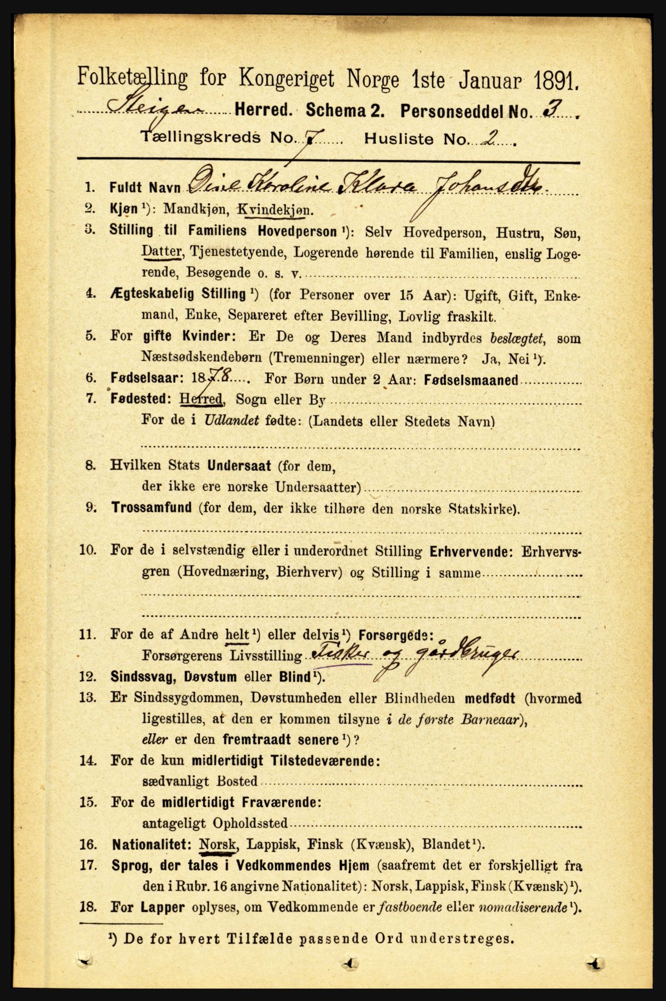 RA, 1891 census for 1848 Steigen, 1891, p. 2275