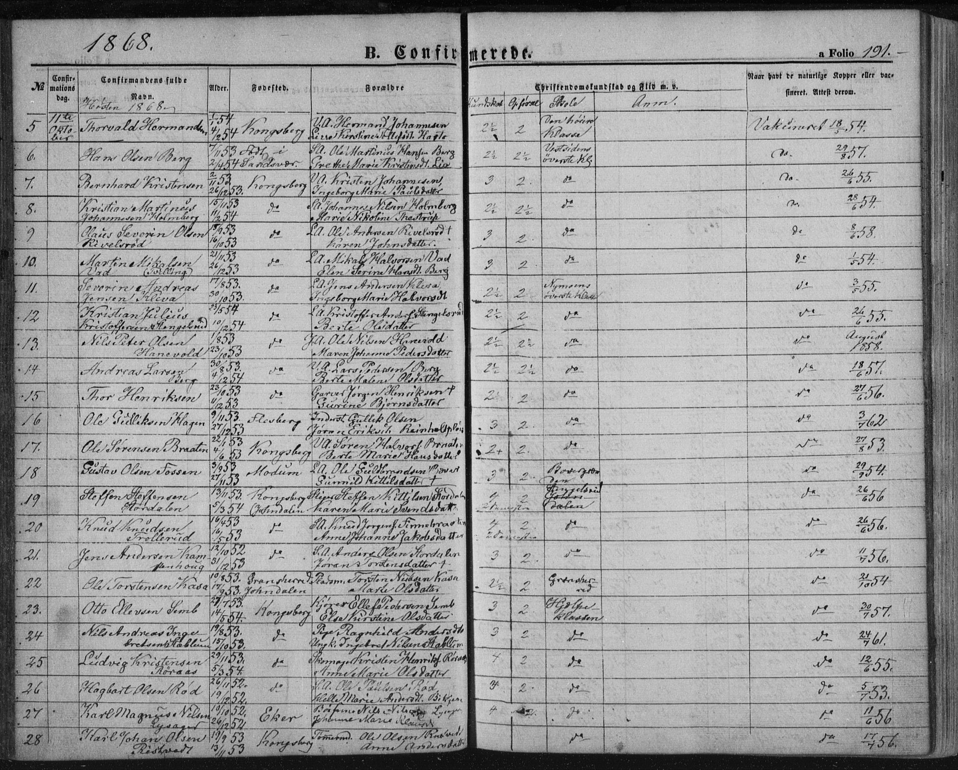 Kongsberg kirkebøker, AV/SAKO-A-22/F/Fa/L0010: Parish register (official) no. I 10, 1859-1875, p. 191