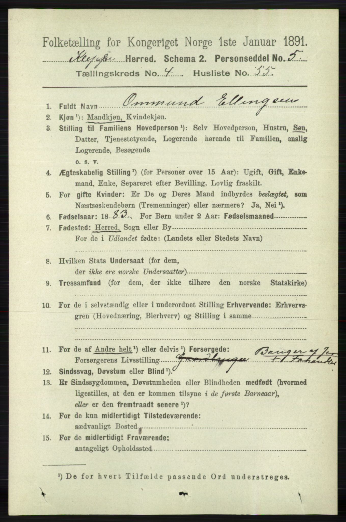 RA, 1891 census for 1120 Klepp, 1891, p. 1284