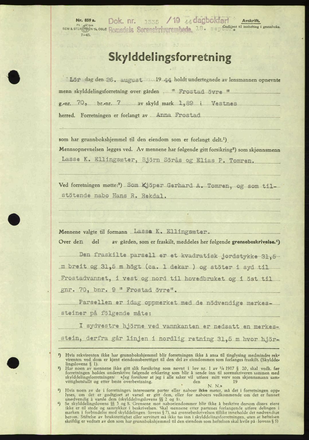 Romsdal sorenskriveri, SAT/A-4149/1/2/2C: Mortgage book no. A16, 1944-1944, Diary no: : 1335/1944