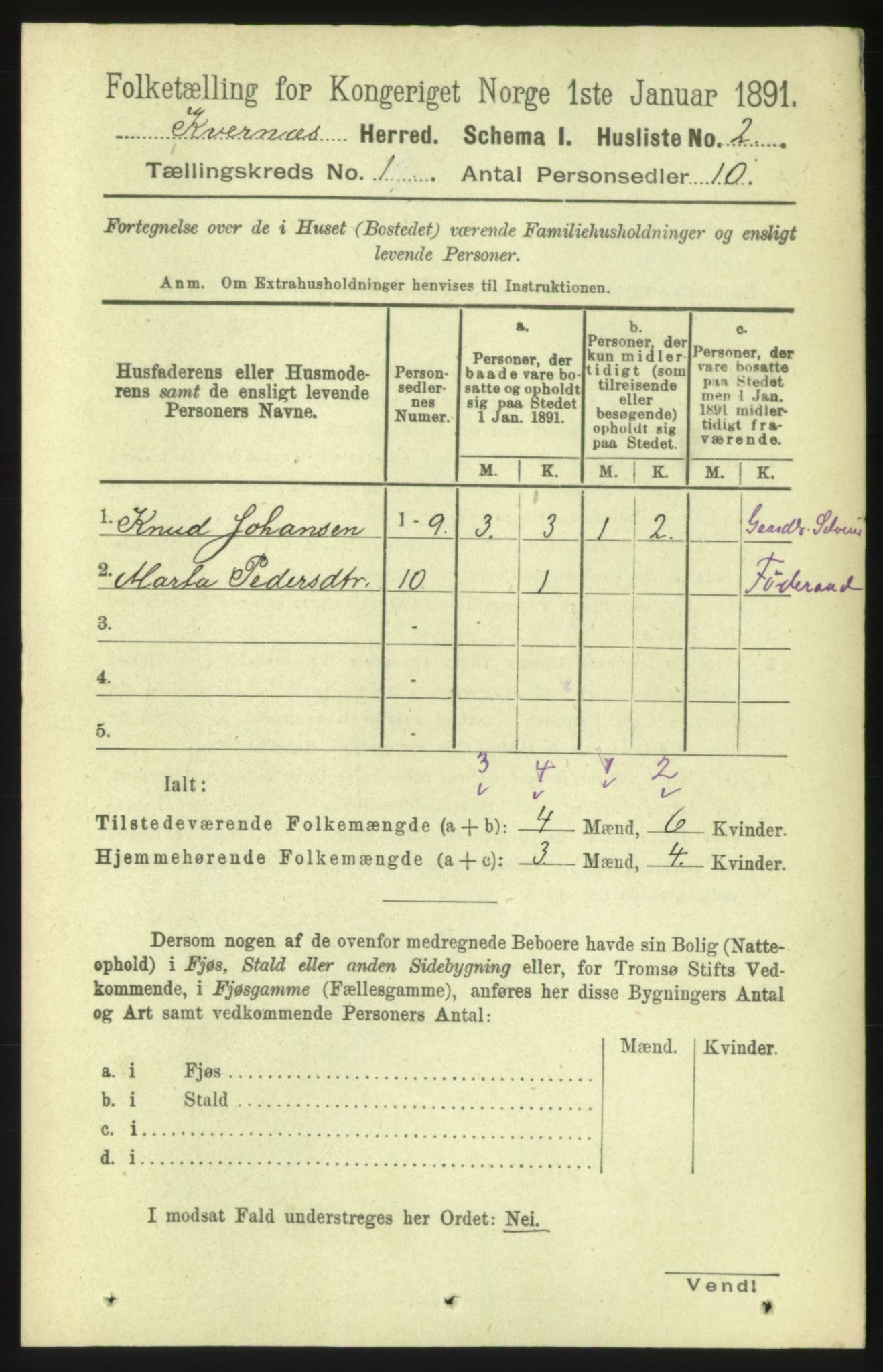 RA, 1891 census for 1553 Kvernes, 1891, p. 45