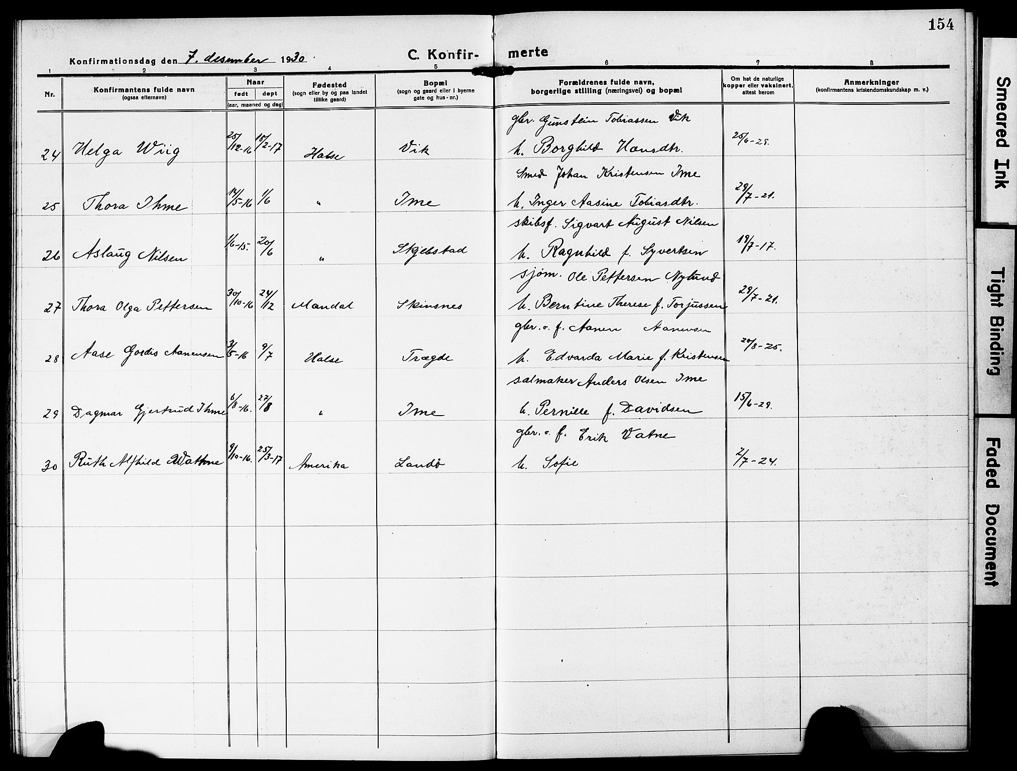 Mandal sokneprestkontor, SAK/1111-0030/F/Fb/Fba/L0013: Parish register (copy) no. B 7, 1918-1931, p. 154