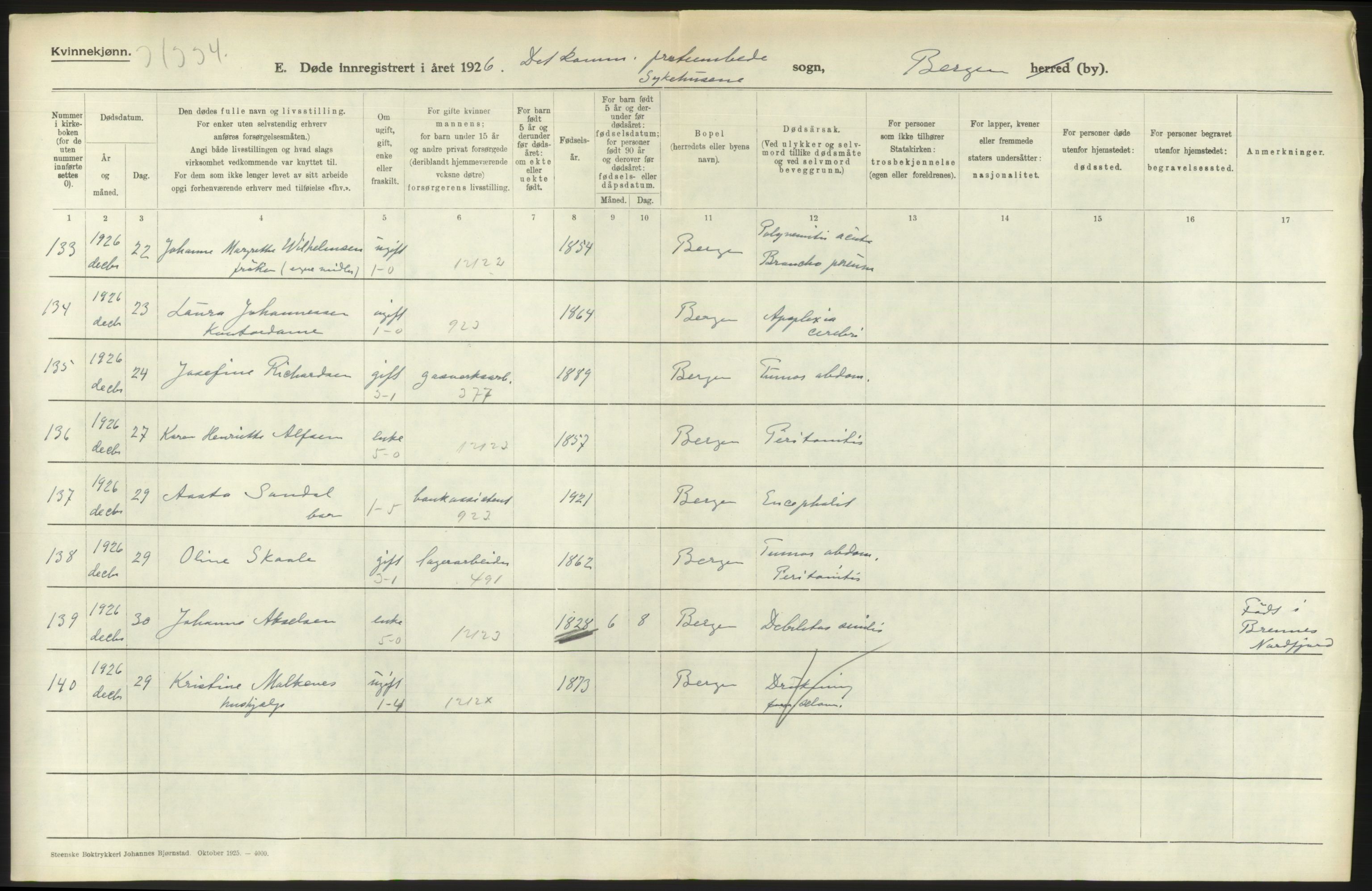 Statistisk sentralbyrå, Sosiodemografiske emner, Befolkning, RA/S-2228/D/Df/Dfc/Dfcf/L0028: Bergen: Gifte, døde, dødfødte., 1926, p. 604