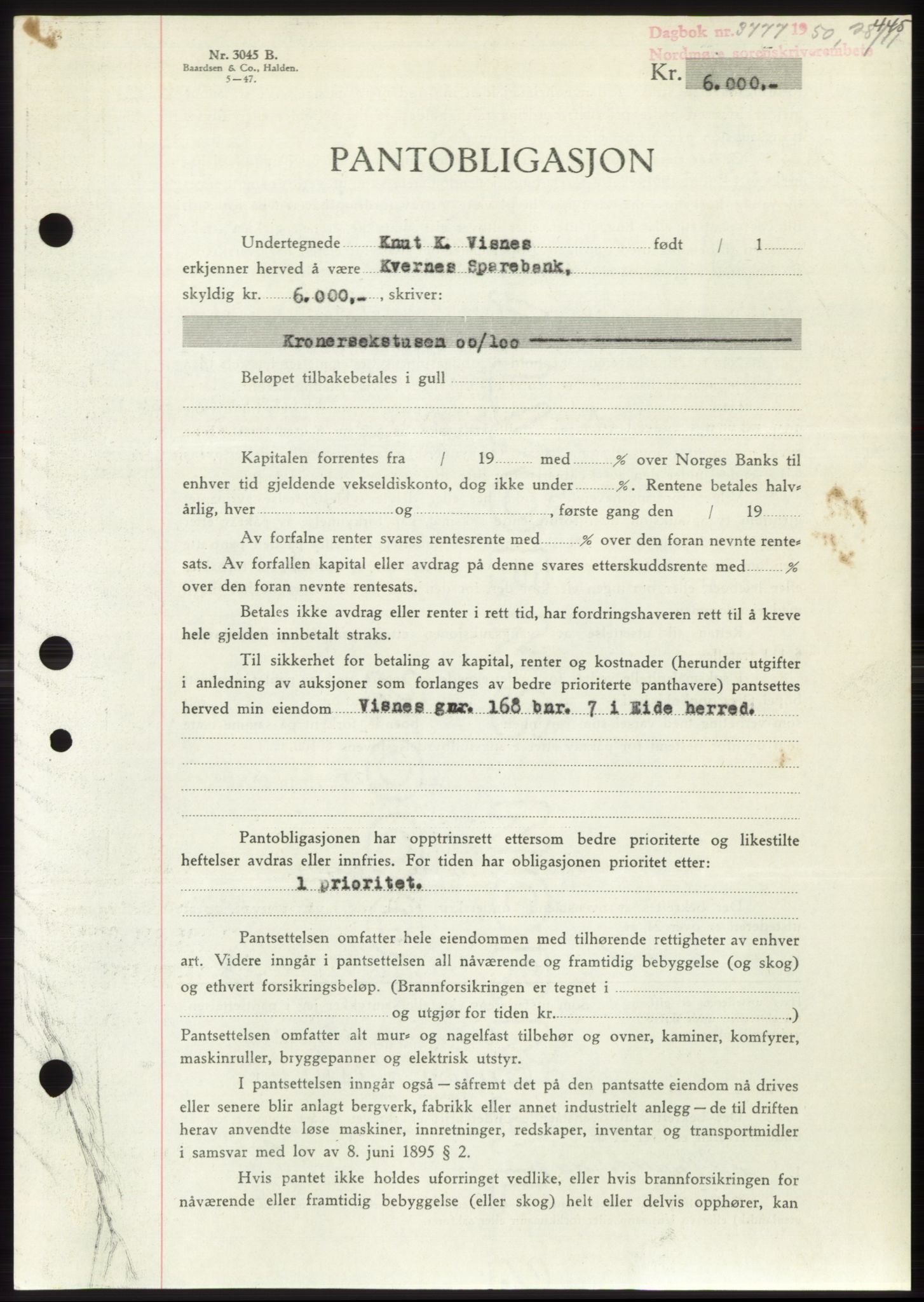 Nordmøre sorenskriveri, AV/SAT-A-4132/1/2/2Ca: Mortgage book no. B106, 1950-1950, Diary no: : 3777/1950