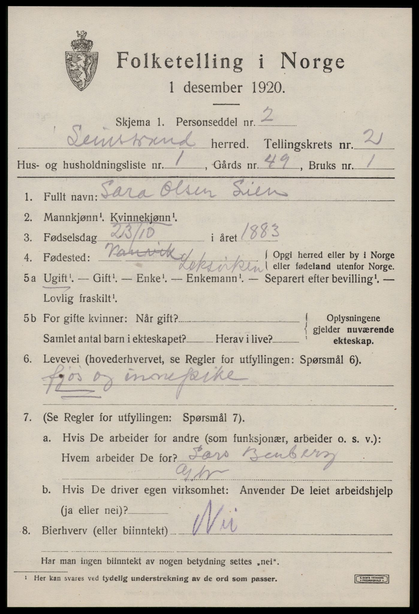 SAT, 1920 census for Leinstrand, 1920, p. 1565