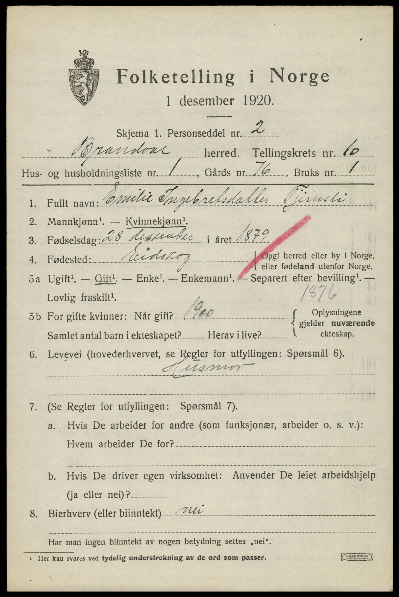 SAH, 1920 census for Brandval, 1920, p. 7752