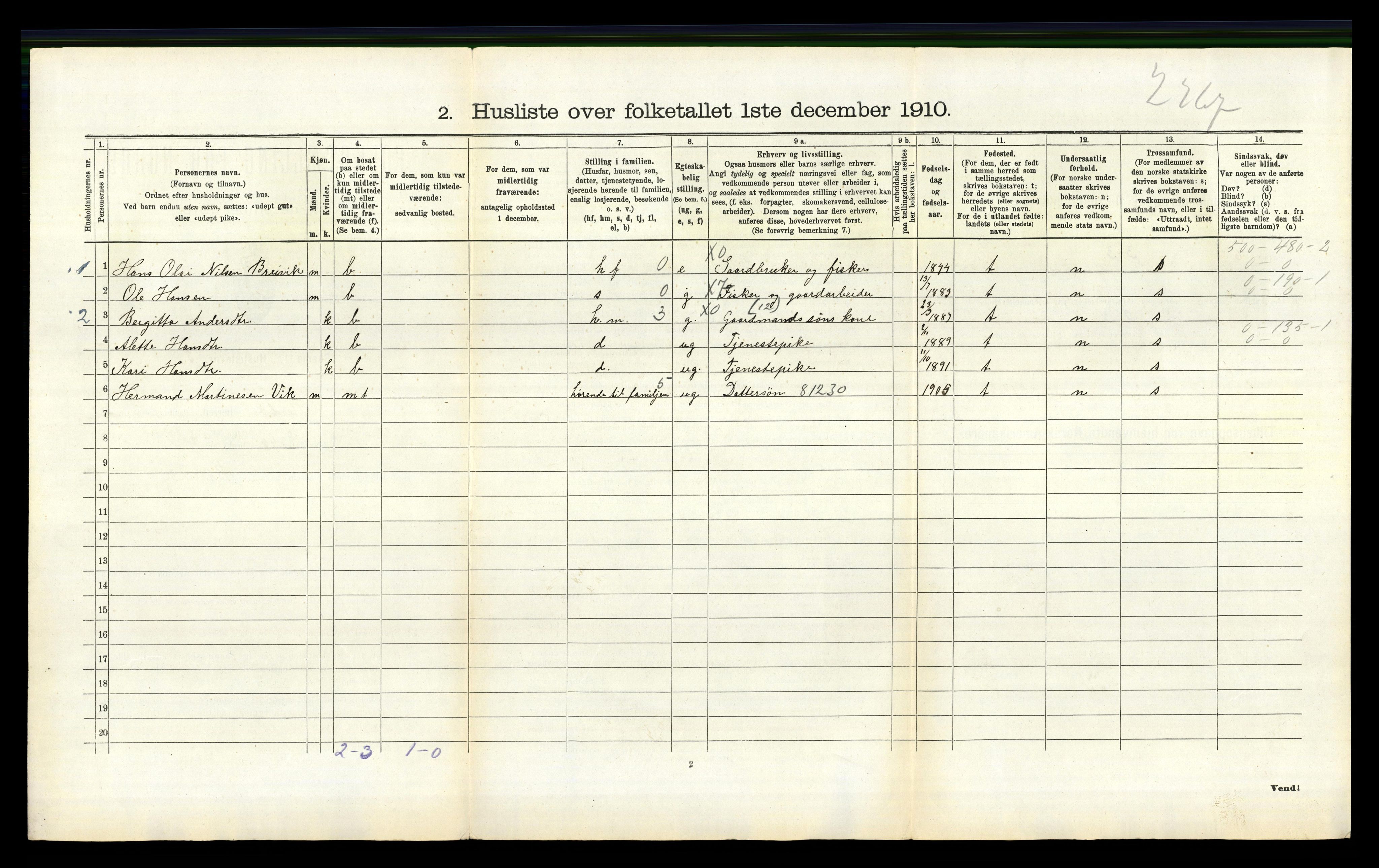 RA, 1910 census for Herdla, 1910, p. 1001