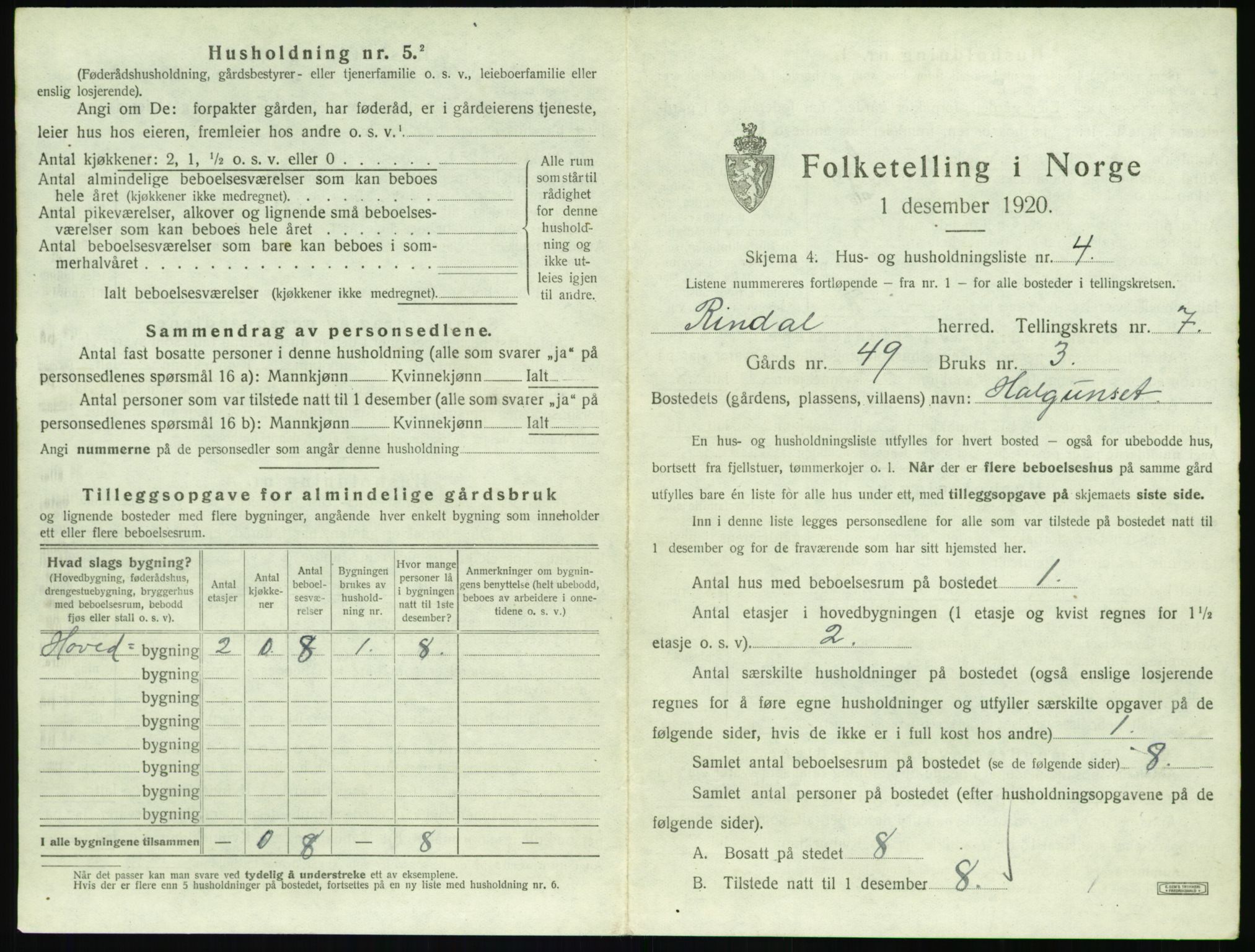 SAT, 1920 census for Rindal, 1920, p. 476