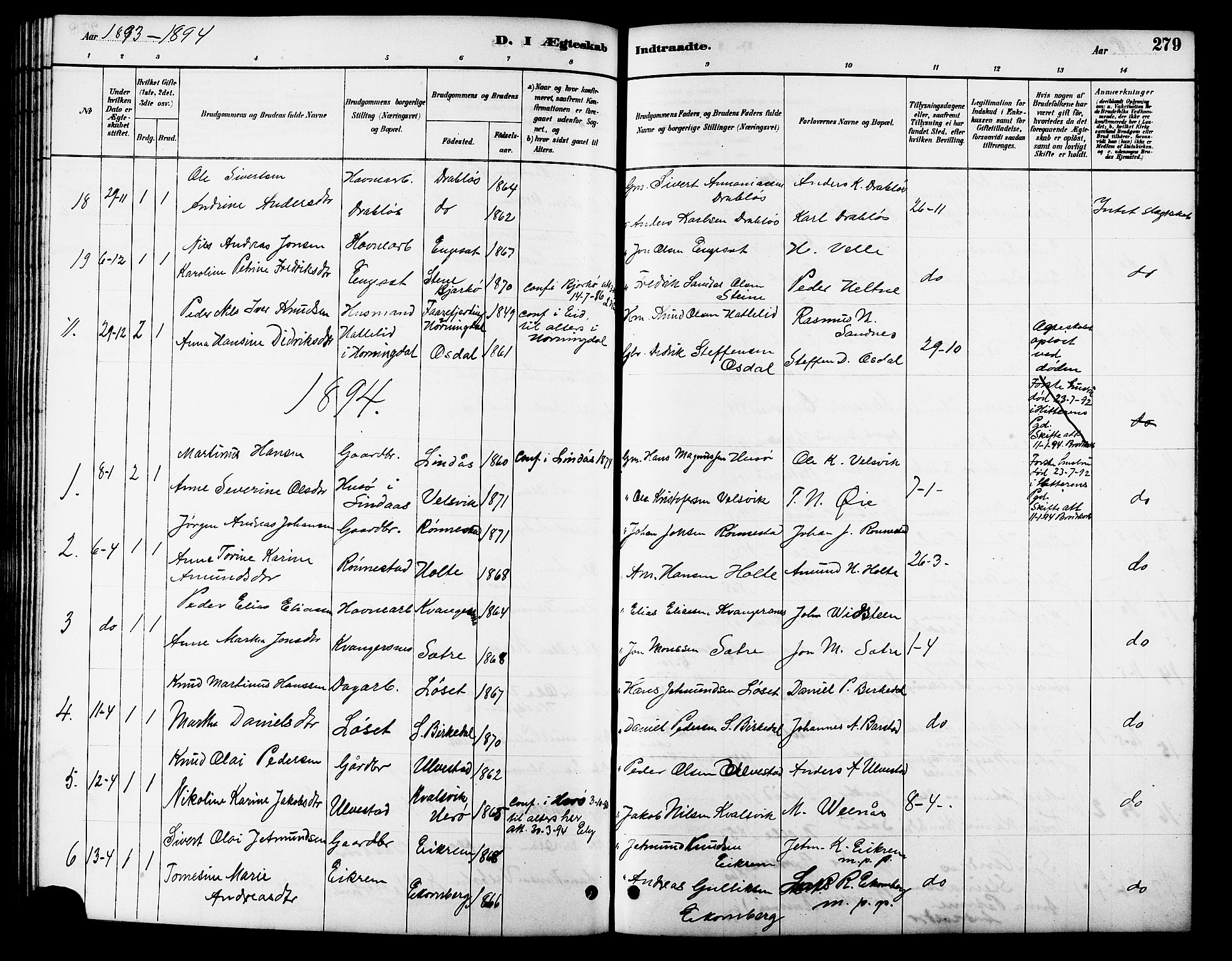 Ministerialprotokoller, klokkerbøker og fødselsregistre - Møre og Romsdal, SAT/A-1454/511/L0158: Parish register (copy) no. 511C04, 1884-1903, p. 279