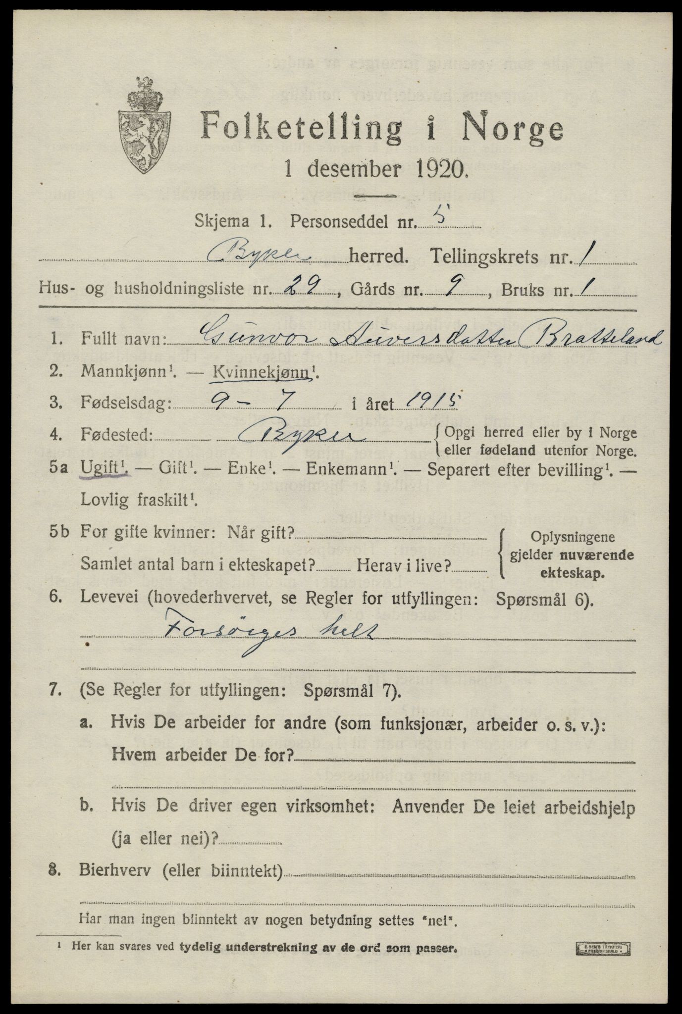 SAK, 1920 census for Bykle, 1920, p. 575