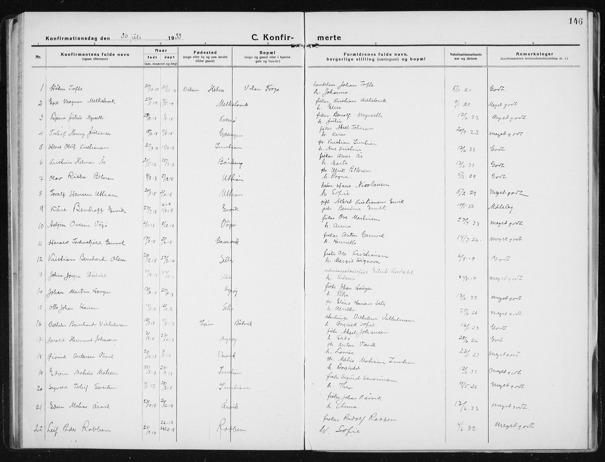 Ministerialprotokoller, klokkerbøker og fødselsregistre - Sør-Trøndelag, SAT/A-1456/640/L0589: Parish register (copy) no. 640C06, 1922-1934, p. 146