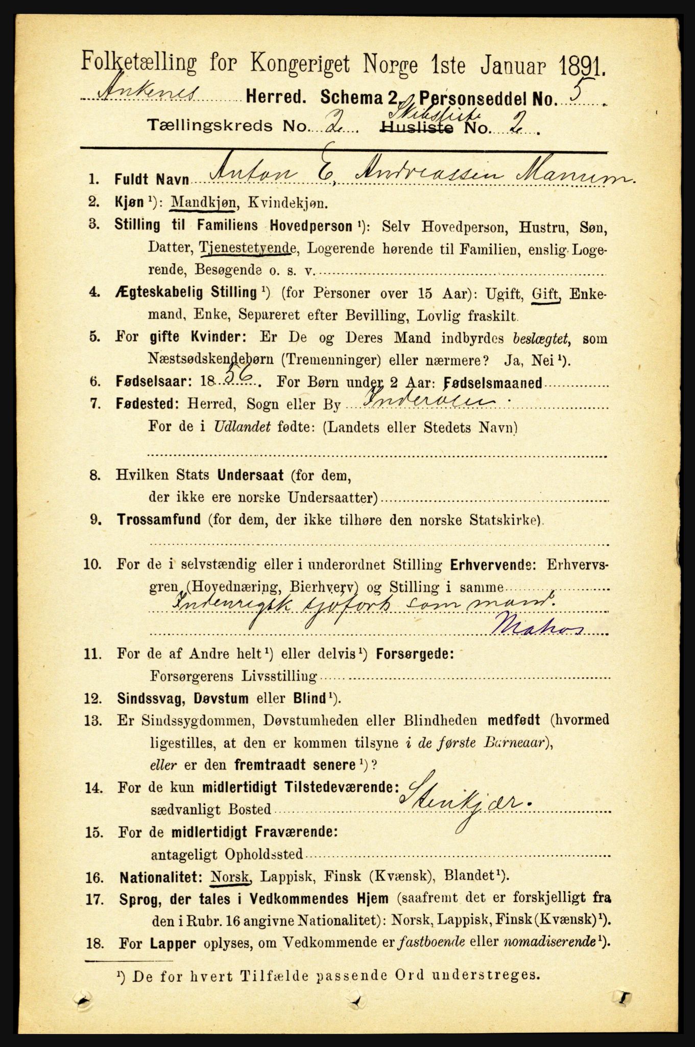 RA, 1891 census for 1855 Ankenes, 1891, p. 1408