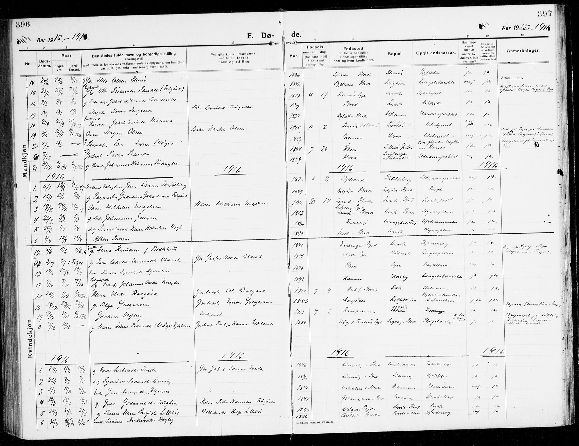 Stord sokneprestembete, SAB/A-78201/H/Haa: Parish register (official) no. B 3, 1913-1925, p. 396-397