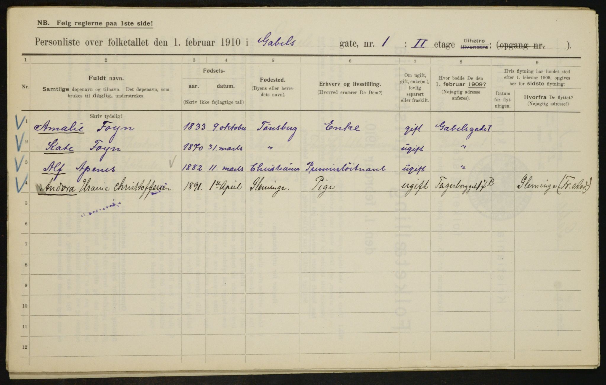 OBA, Municipal Census 1910 for Kristiania, 1910, p. 27108