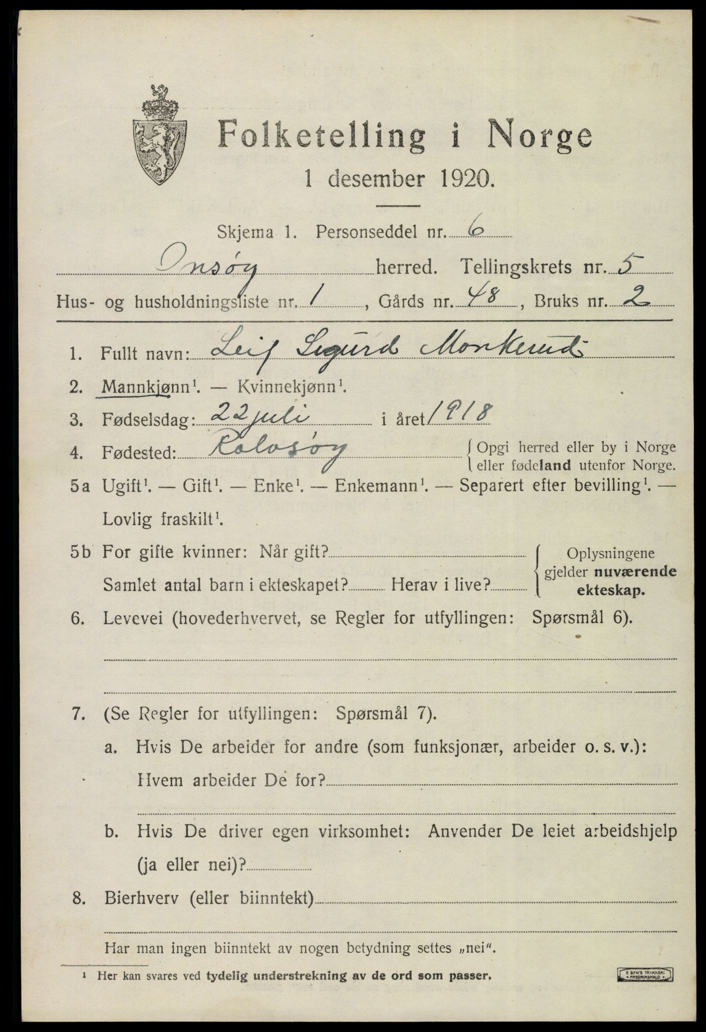 SAO, 1920 census for Onsøy, 1920, p. 6426