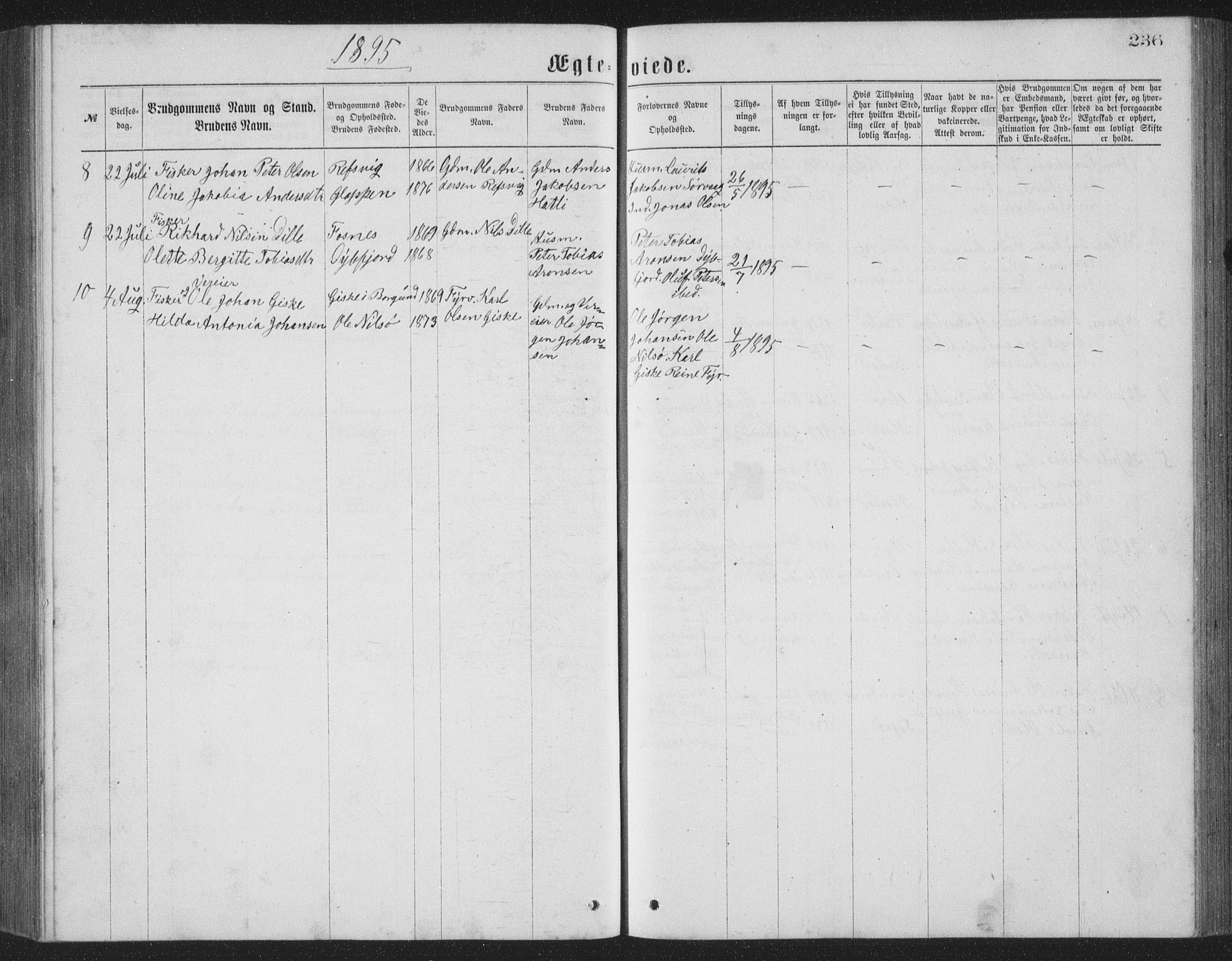 Ministerialprotokoller, klokkerbøker og fødselsregistre - Nordland, SAT/A-1459/886/L1225: Parish register (copy) no. 886C02, 1874-1896, p. 236