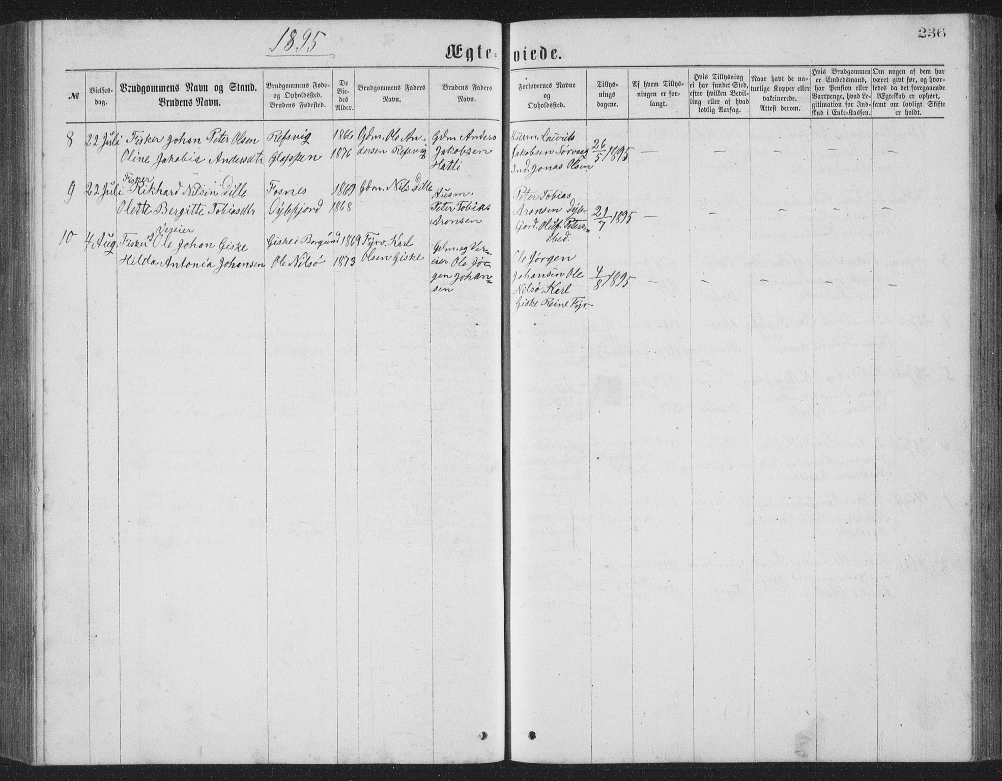 Ministerialprotokoller, klokkerbøker og fødselsregistre - Nordland, AV/SAT-A-1459/886/L1225: Parish register (copy) no. 886C02, 1874-1896, p. 236