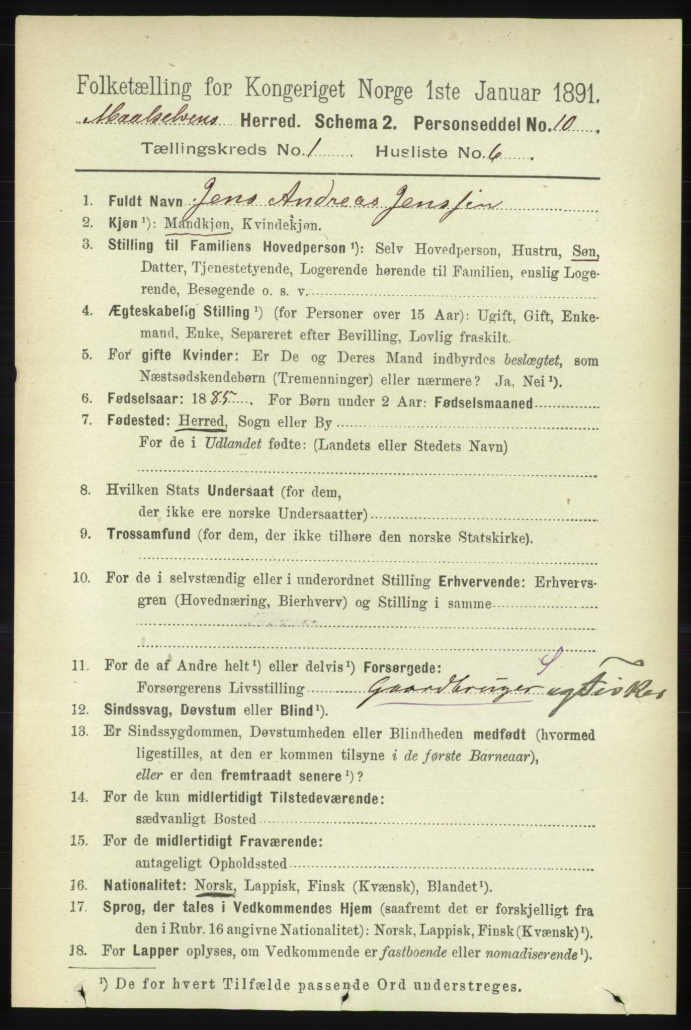 RA, 1891 census for 1924 Målselv, 1891, p. 107