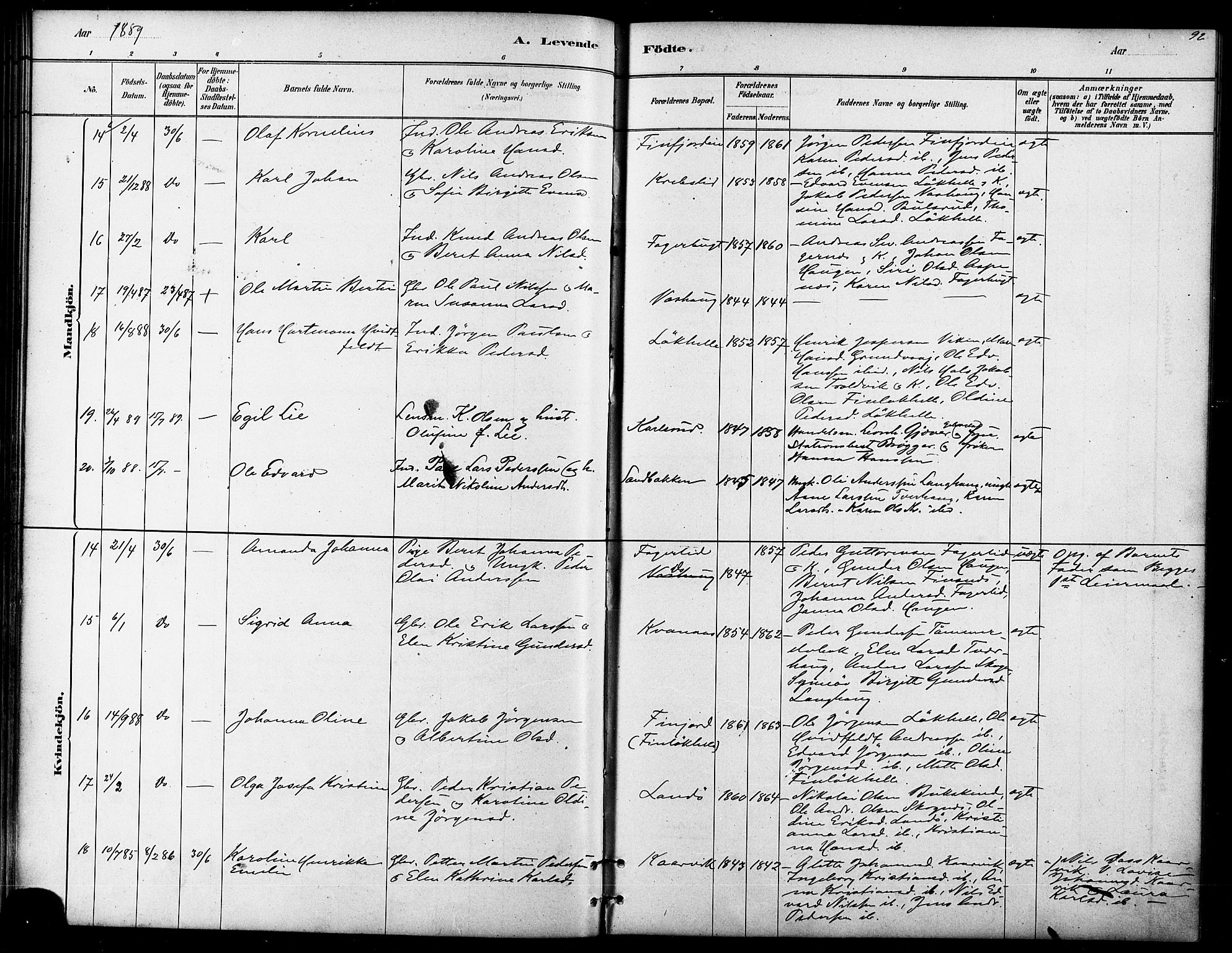 Lenvik sokneprestembete, SATØ/S-1310/H/Ha/Haa/L0011kirke: Parish register (official) no. 11, 1880-1889, p. 92