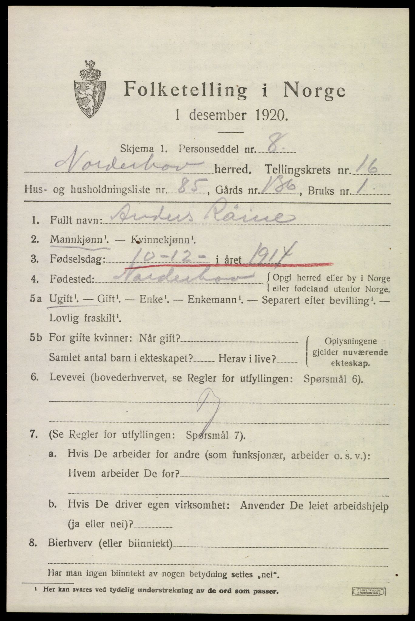 SAKO, 1920 census for Norderhov, 1920, p. 18504