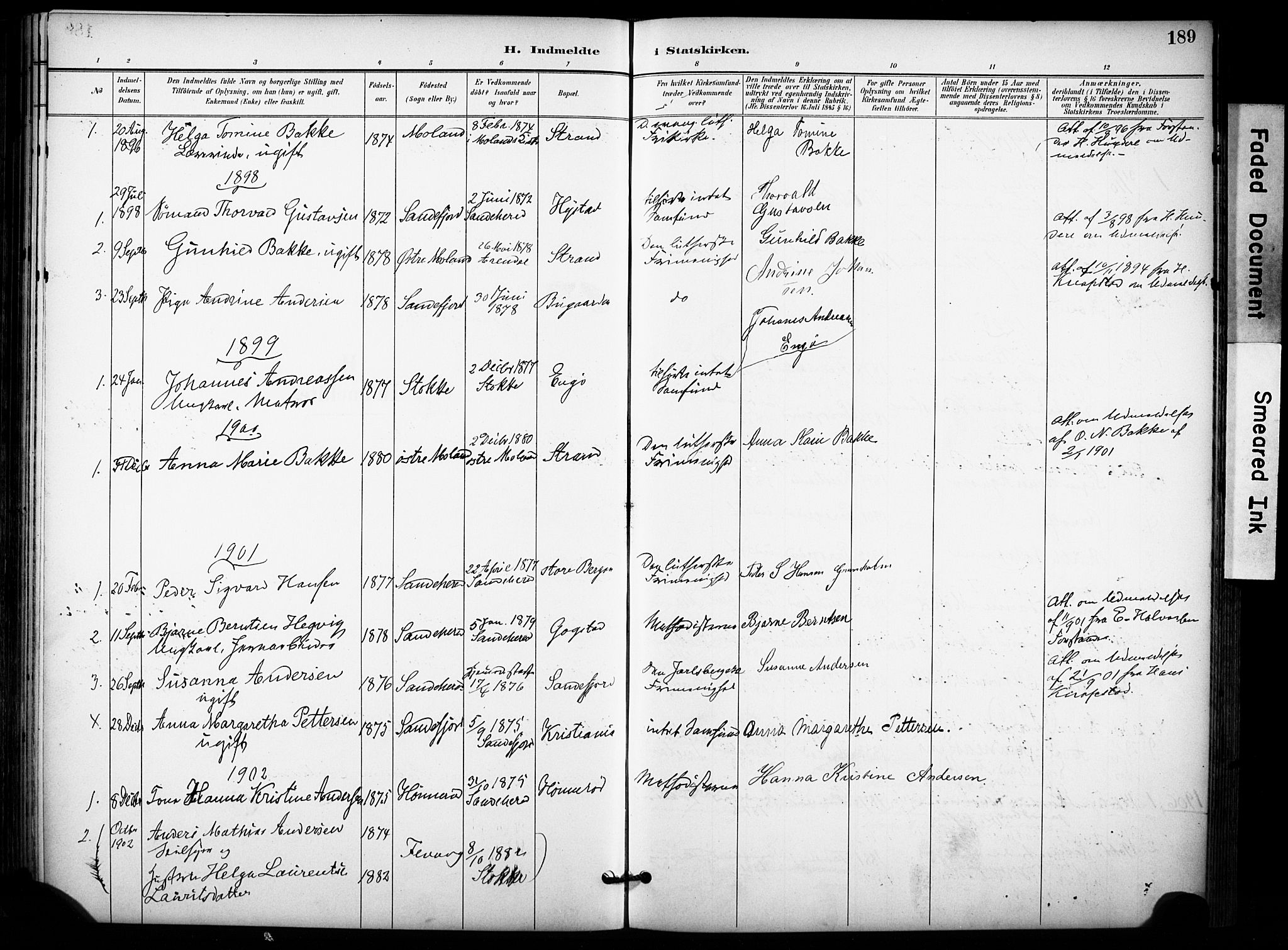 Sandar kirkebøker, SAKO/A-243/F/Fa/L0015: Parish register (official) no. 15, 1896-1907, p. 189
