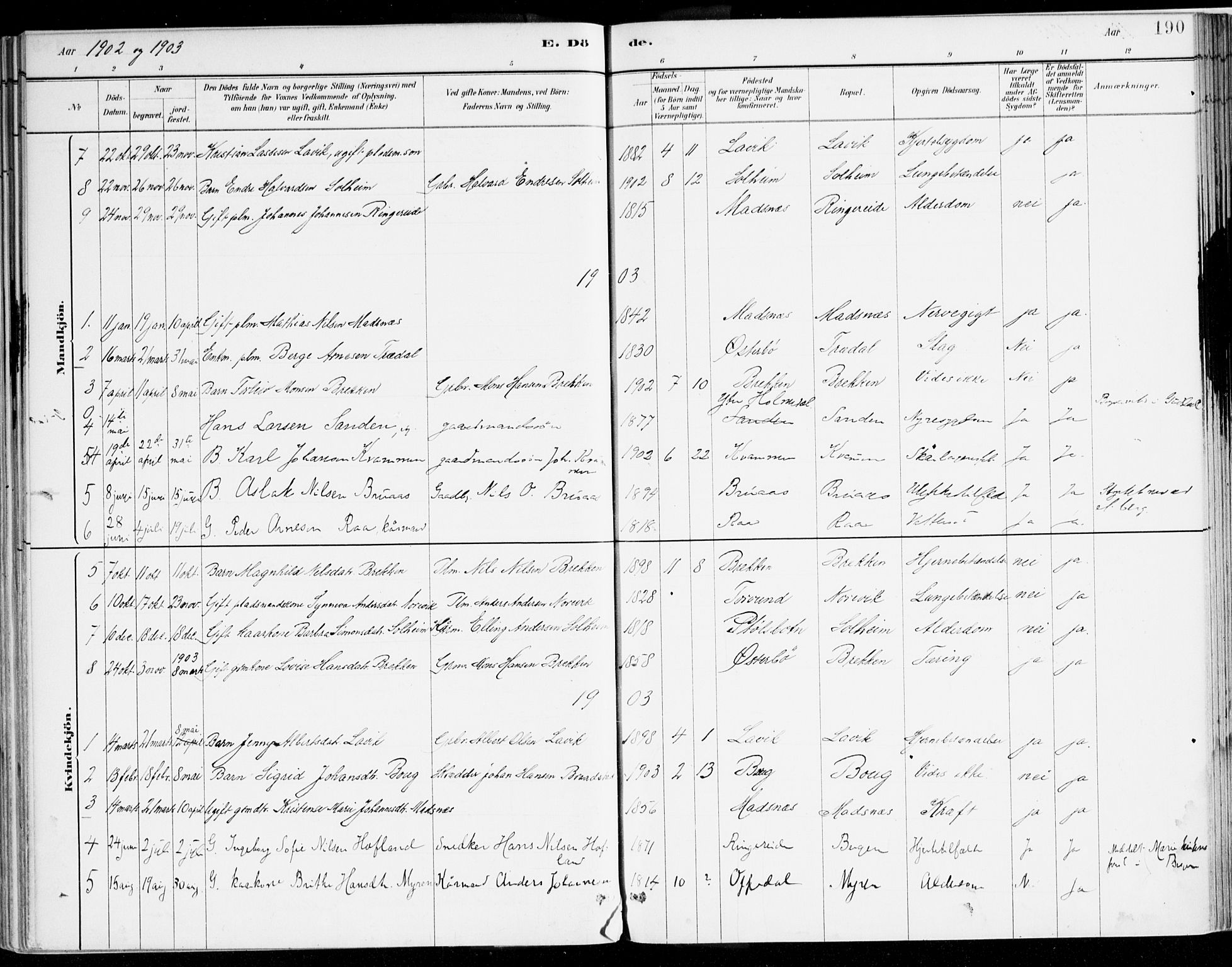 Lavik sokneprestembete, AV/SAB-A-80901: Parish register (official) no. B 1, 1882-1908, p. 190