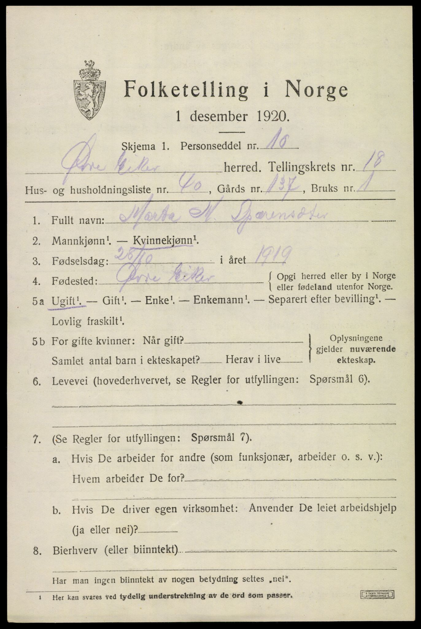 SAKO, 1920 census for Øvre Eiker, 1920, p. 22074