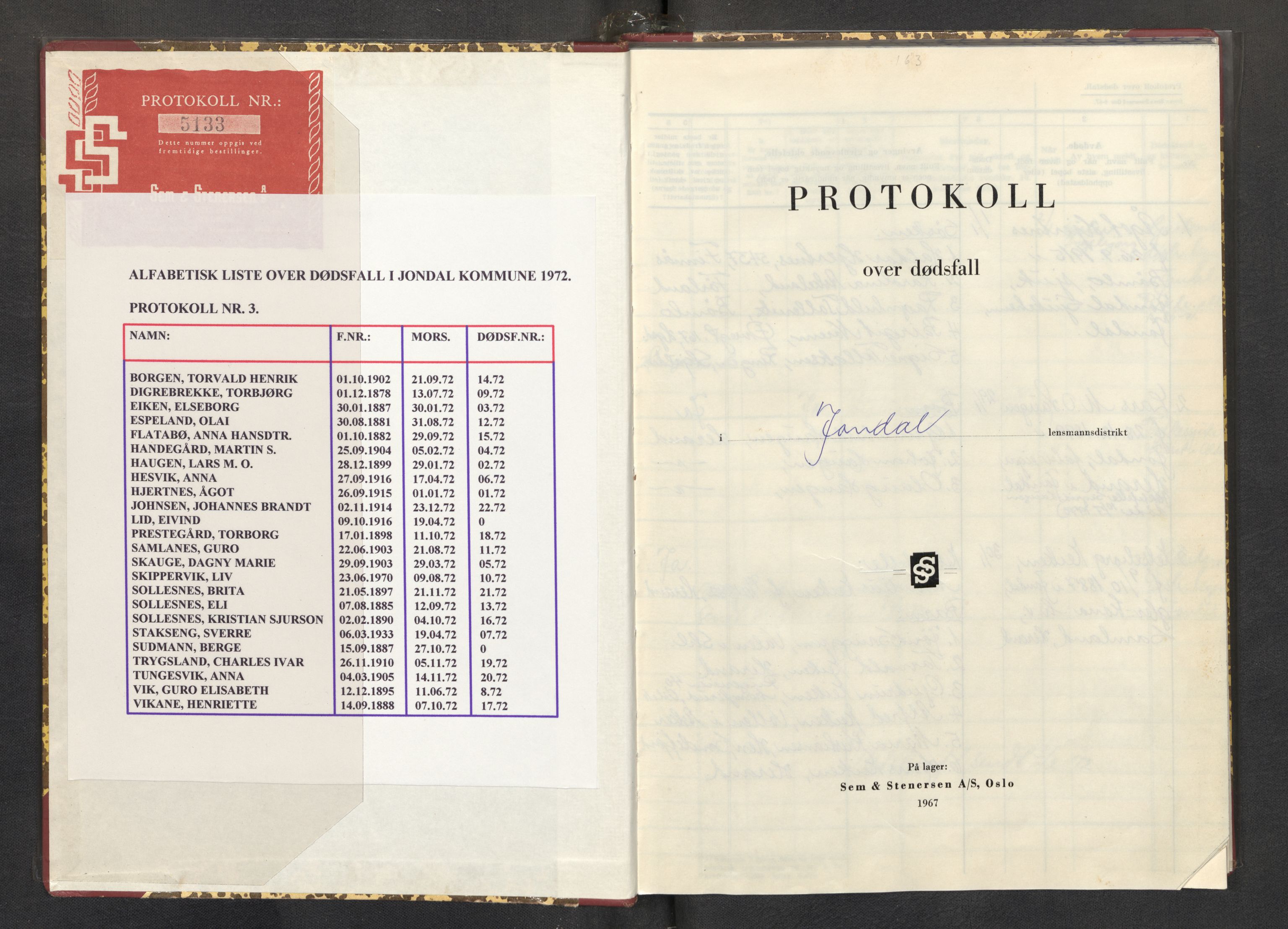 Lensmannen i Jondal, SAB/A-33101/0006/L0010: Dødsfallprotokoll, 1972-1973